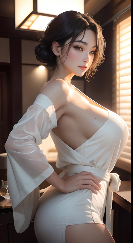 Nsfw masterpiece, Best Quality、Realistic, ( Intricate details, depth of fields)、Hyper-Realism, 8K, Best Quality, Super Detail, retinas, ighly detailed, Perfect face, Perfect body, Huge breasts, Constriction, Very big ass, Glamour, indirect lighting, hair wavy、Shorthair、prety woman,A dark-haired、goddess of Japan、 the perfect appearance, Smile, ta, Oily skin、shinny skin、indirect lighting, Anatomically correct、Skin Texture、
White Baba woman in cream bathrobe、Imagine standing next to a bed in a luxury hotel room facing the front。She put one hand on her hip.、It is a pose with the other hand naturally lowered to the side。Luxurious interior and elegant furniture are projected in the background.。