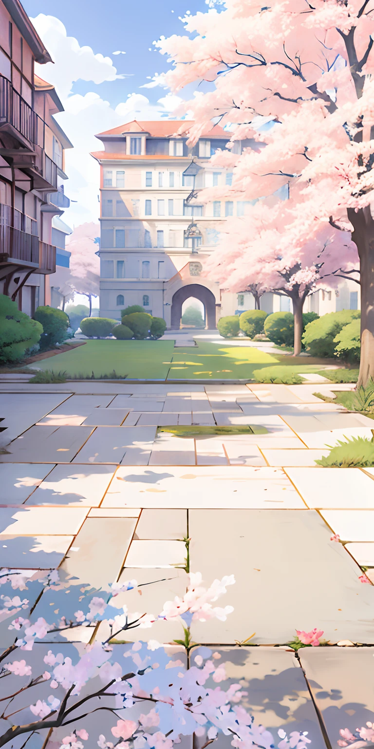 Anime landscape with courtyard with trees and buildings, Anime background art, anime backgrounds, beautiful anime scenery, anime beautiful peace scene, Anime landscapes, beautiful anime scenes, Anime landscape concept art, landscape artwork, in a scenic background, sakura season dynamic lighting, anime movie backgrounds, Realistic background, colorful anime movie background, realistic scene