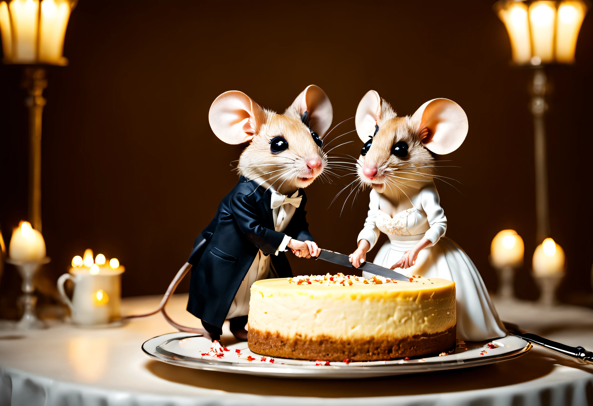 A funny couple of newlywed mice dressed in wedding clothes cutting with a huge knife the big wedding cheesecake, backlit scene.