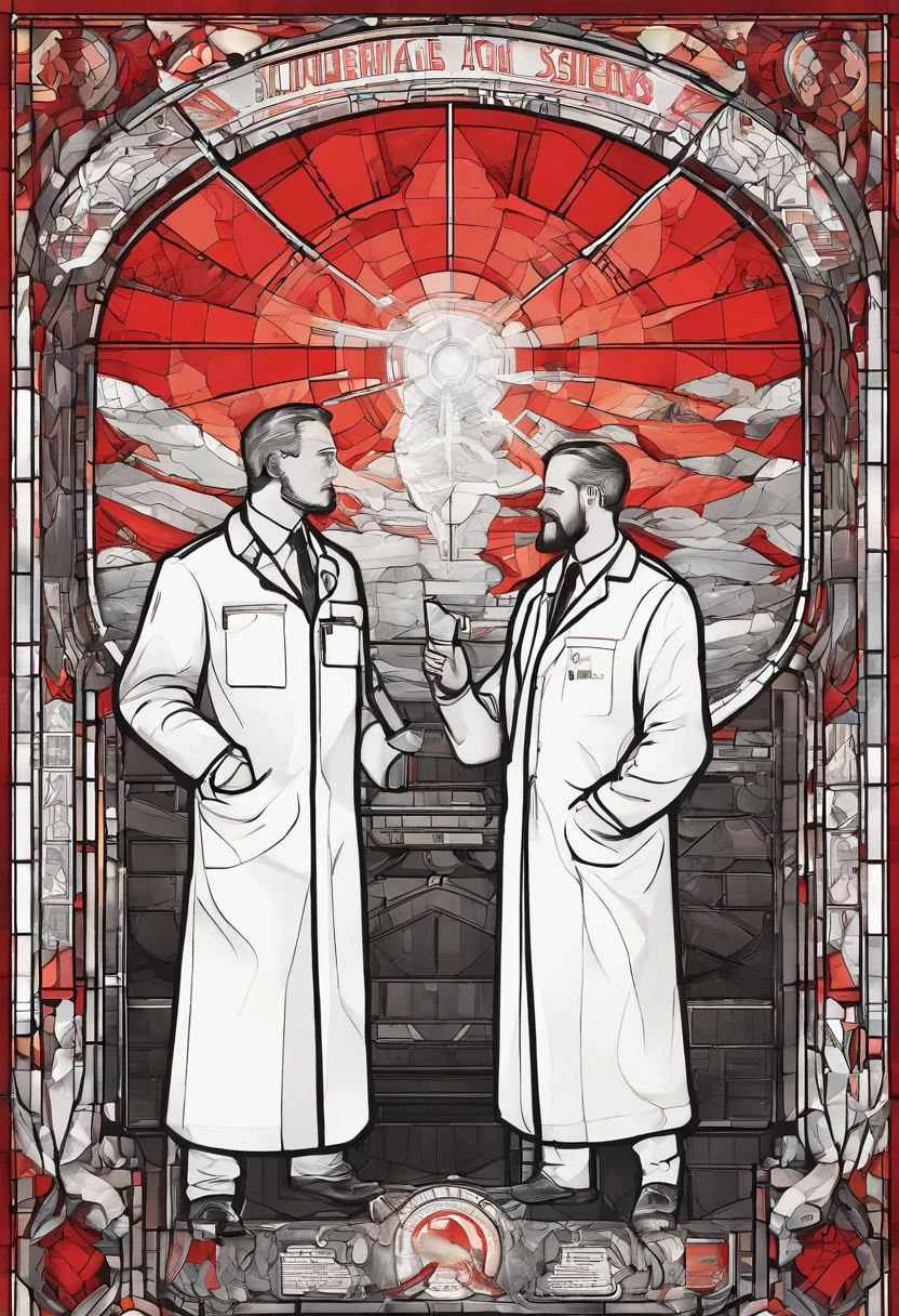 Scientists in science coats turn their backs to us,looking at the stars,hard core,Technologie,Red monochrome,USSR Poster,urss,Communism