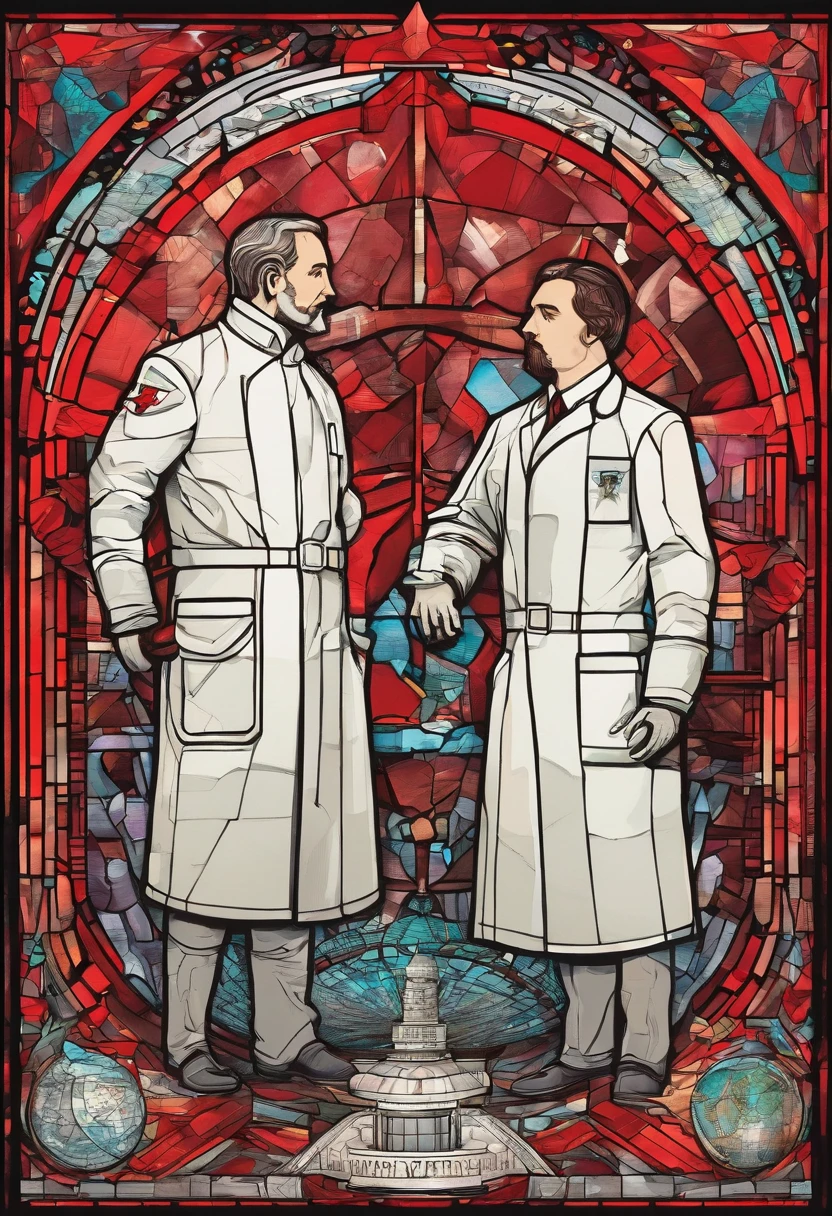Scientists in science coats turn their backs to us，looking at the stars，hard core，Technologie，Red monochrome,USSR Poster,urss,Communism