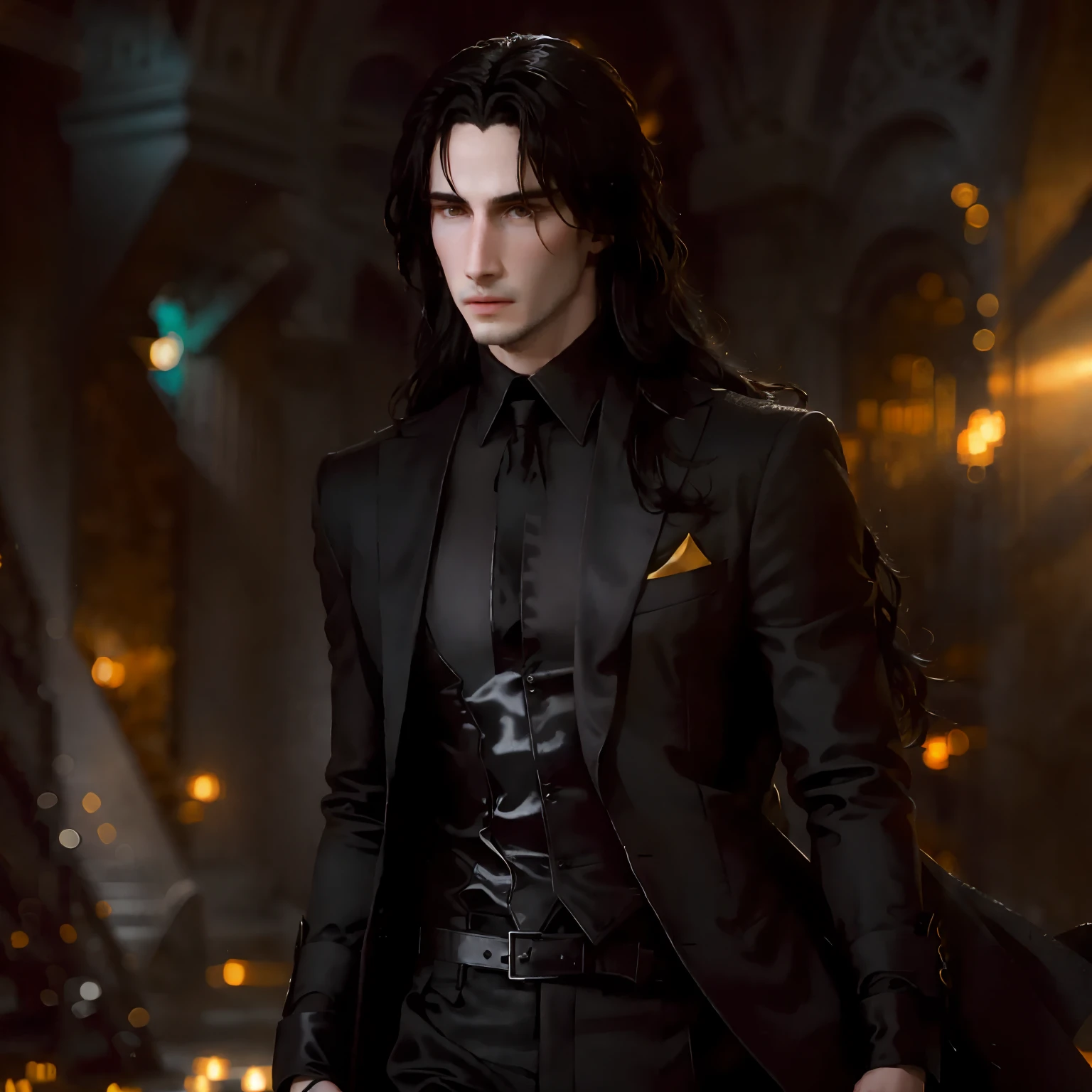 masterpiece, highest quality, (solo focus), (perfect face:1.1), (high detail:1.1),dramatic, 1guy, (pale skin), long black hair, yellow eyes, [light eyebrows], solo, long hair, moon, night, white luxury suit, covered navel, pouty lips, covered, futuristic city, detailed background, art by artgerm and greg rutkowski, cinematic lighting, roses, fashion, BalenciagaStyle