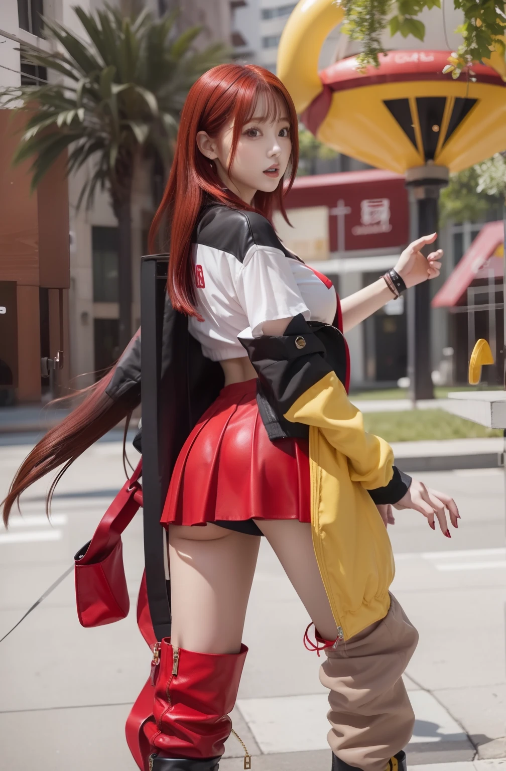 infp young woman、Good Style、Red-haired、Mini tight skirt、Red and yellow fashion、Idol face、large full breasts、、Long black boots、