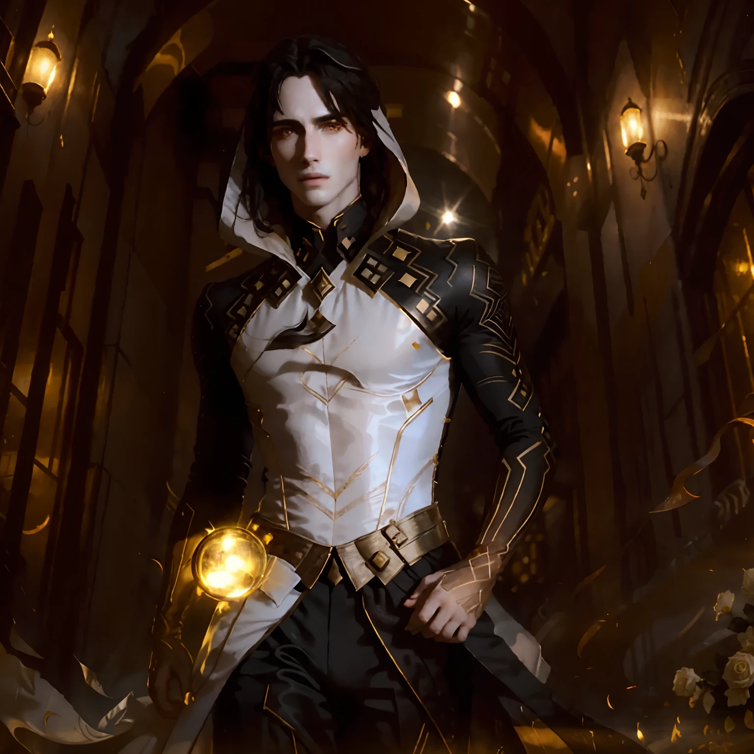 masterpiece, highest quality, (solo focus), (perfect face:1.1), (high detail:1.1),dramatic, 1guy, (pale skin), long black hair, yellow eyes, [light eyebrows], solo, long hair, moon, night, white luxury suit, covered navel, pouty lips, covered, futuristic city, detailed background, art by artgerm and greg rutkowski, cinematic lighting, roses, fashion, BalenciagaStyle