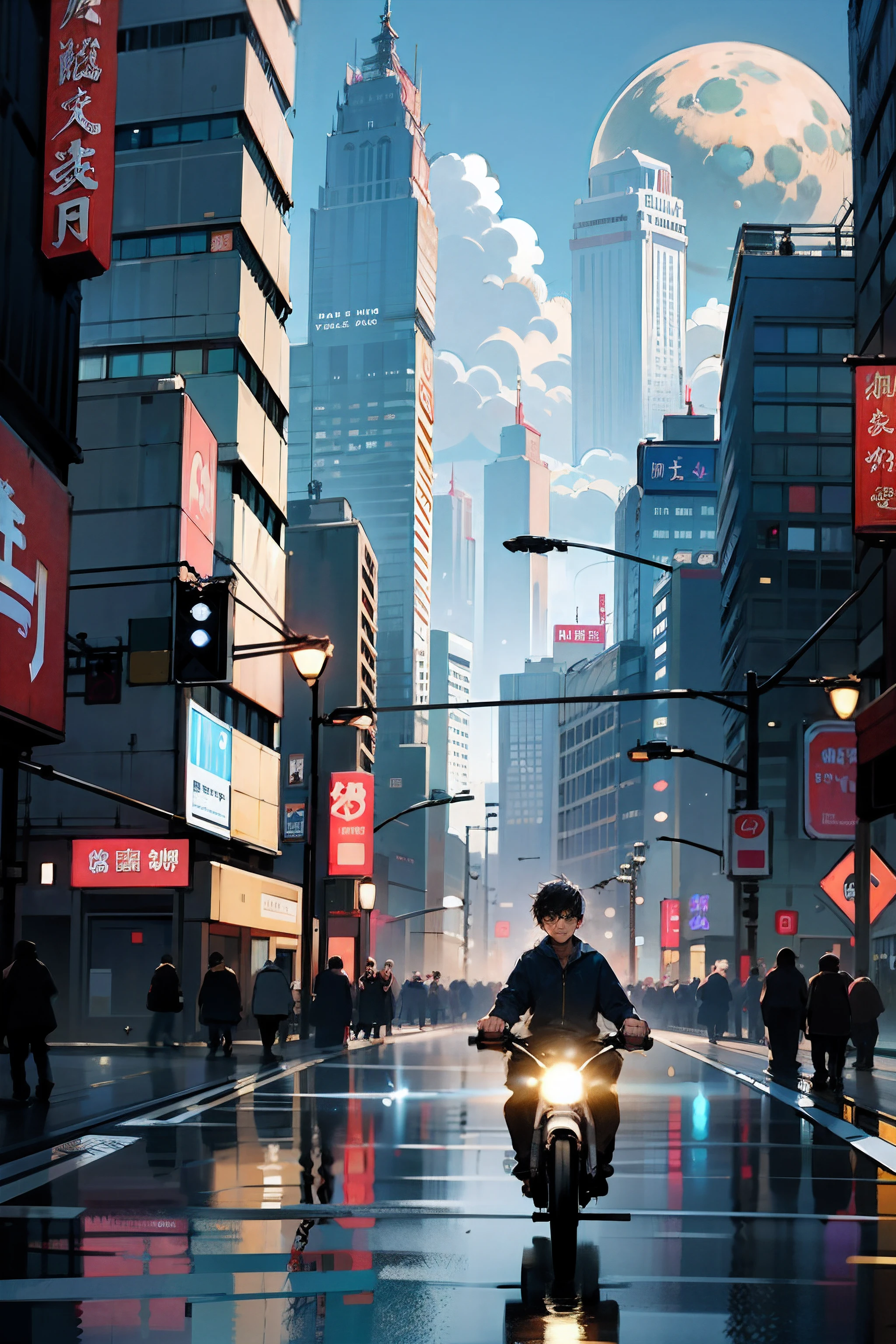 1boy,( boy:1.5)、Anime-style protagonist、Cyberpunk Boy、silber hair、Spiky hairstyle、machine gun、Japan sword on the back、Whole body bloody、Shot from the knee up、Looking at the camera、The beginning of the adventure、Lots of clouds,heavy fog、Big Moon、Lightning、Chaotic city of the future、dystopian、A group of very tall skyscrapers stands in the center、Very complex cityscape,Crowded Chinese skyscrapers、Tall radio tower、Trees、street signs、streetlights、taxis、buses、Train、Warm lighting,Dark road、puddles、Chaotic、Beautiful and fantastic scenery、Cinematic scenery、hightquality、masutepiece,in 8K、hight resolution、