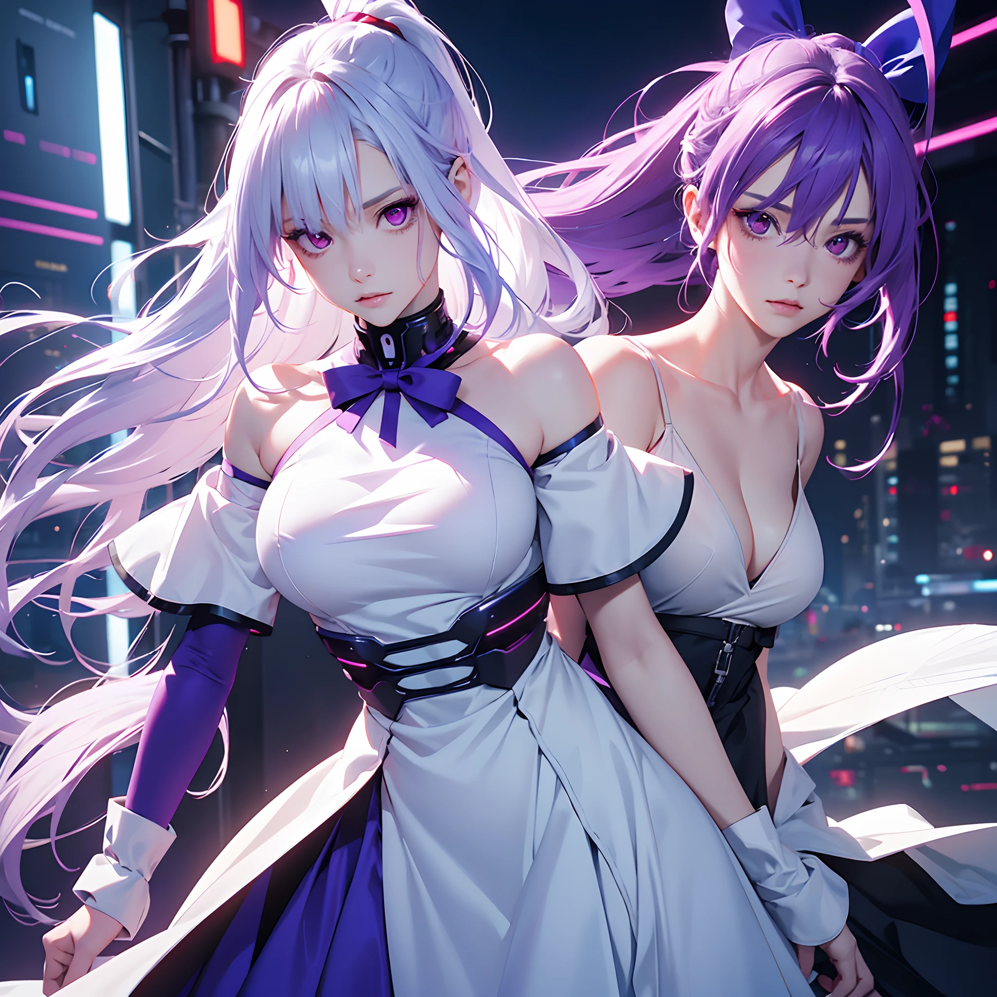 1girl,Albino, cute breast, purple hair, beautiful, long hair,red eyes, wearing a white and blue dress, hair with a ribbon, cyberpunk,cyborng((8k, UHD, ultra realistic))