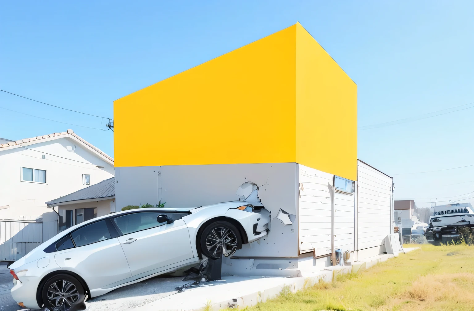 White sedan collides with white building