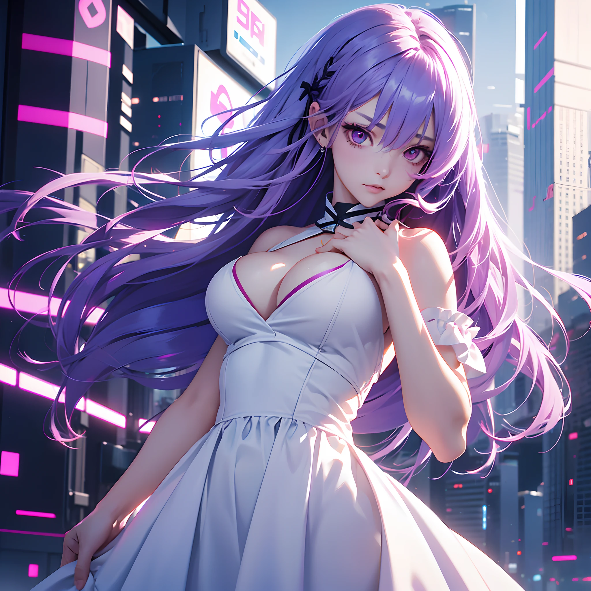 1girl,Albino, cute,big breast, purple hair, beautiful, long hair,red eyes, wearing a white and blue dress, hair with a ribbon, cyberpunk,cyborng((8k, UHD, ultra realistic))