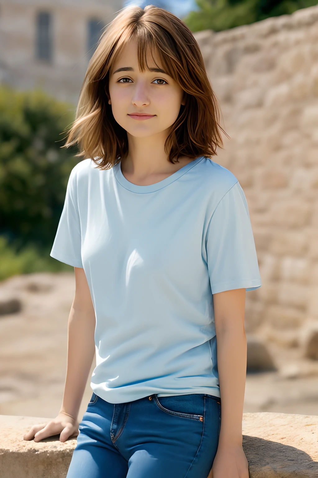La mejor calidad, Chica. El caucásico Allison Mack ,brown hair , ,Cabello largo ,, profundidad de campo, ojos azules , , without smiling ,,, Camiseta blanca y jeans ,mirando al espectador, Rocas , city