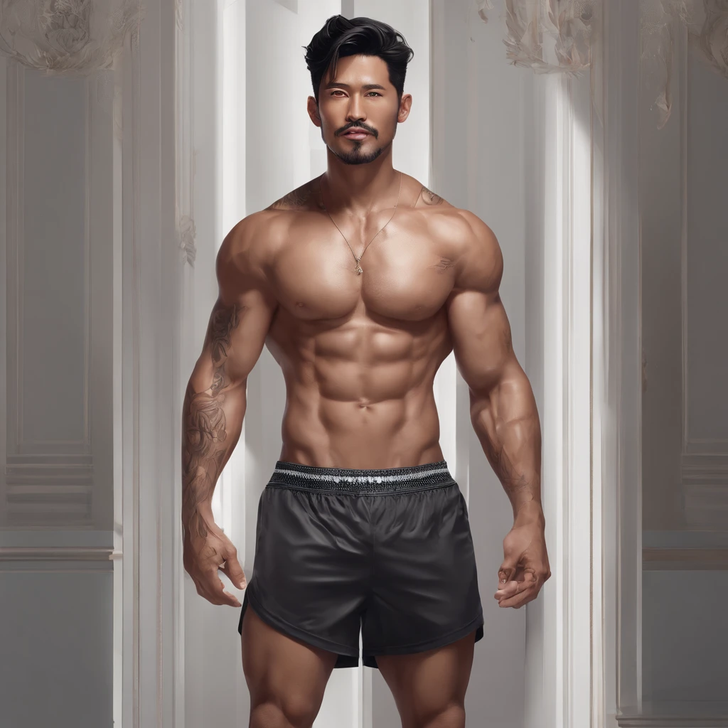 1 man,1 male,Asian male,Asian people,Realistic, (Masterpiece, Top quality, Best quality, offcial art), Very detailed, Most detailed, God, Short hair, Black hair, Handsome man, necklace, pectoral, Abs, Brown skin, Black eyes, Handsome, Muscular, ((Wide shoulders and wide waist)), Shirtless,,Wearing gym shorts,The bare legs are hairy,Calf muscular feeling,Barefoot,ssmile,There are hairs on the toes,full bodyesbian,The ass sits on the ground,legs are open,Delicate man feet,