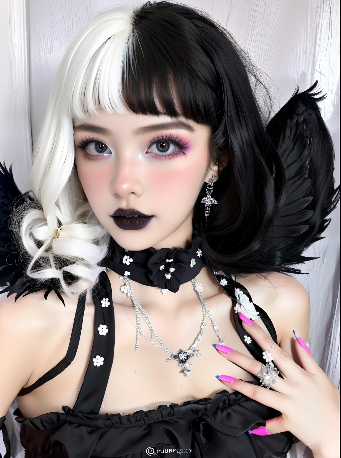 HighestQuali，tmasterpiece：1.2，Detailed details，1 Gothic girl，Black lips，An angel dressed in black on white background, The style of the Cluj school, flowerpunk, Halloween, social media portraiture, high-quality photo, quito school, Honeyco，