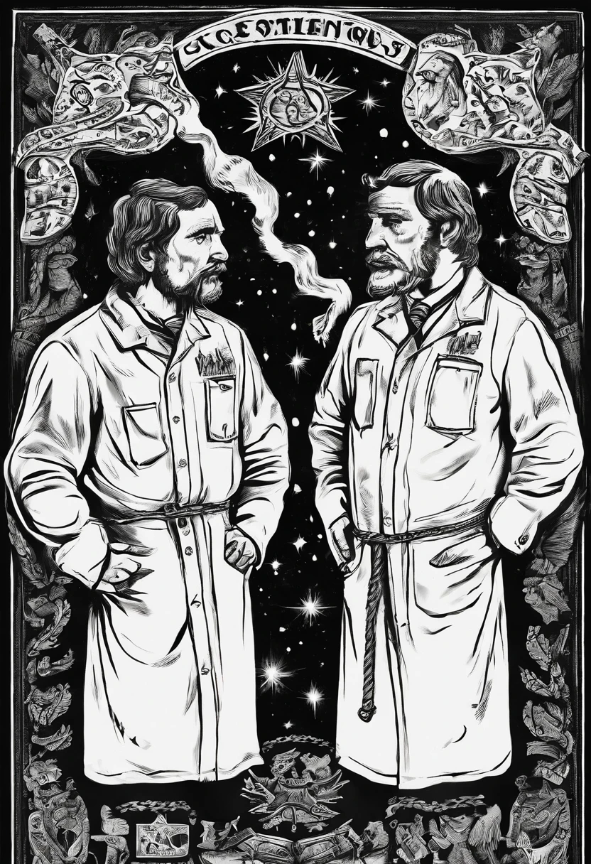 Scientists in science coats turn their backs to us,looking at the stars,hard core,Technologie,Red monochrome,USSR Poster,urss,Communism