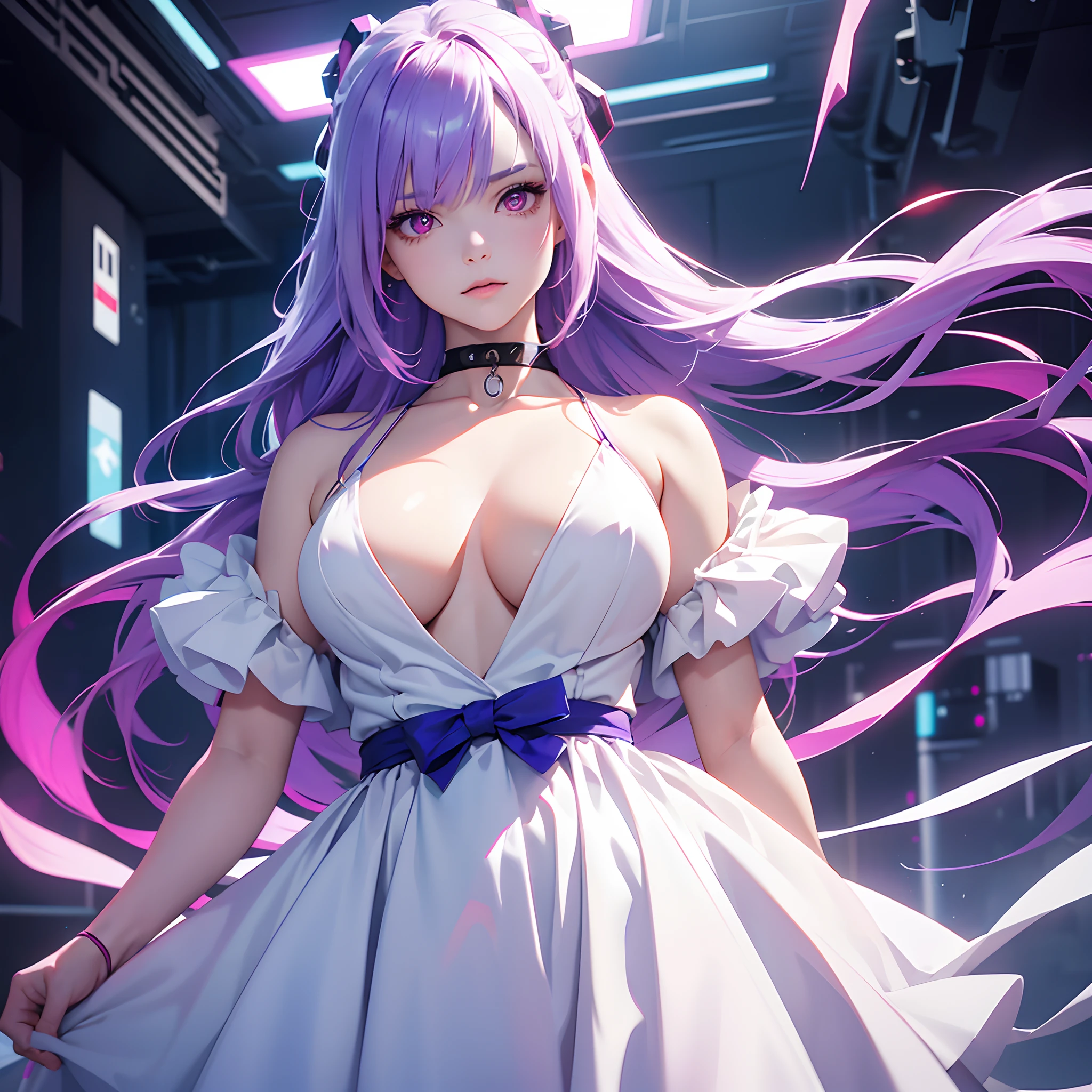 1girl,Albino, cute,big breast, purple hair, beautiful, long hair,red eyes, wearing a white and blue dress, hair with a ribbon, cyberpunk,cyborng((8k, UHD, ultra realistic))