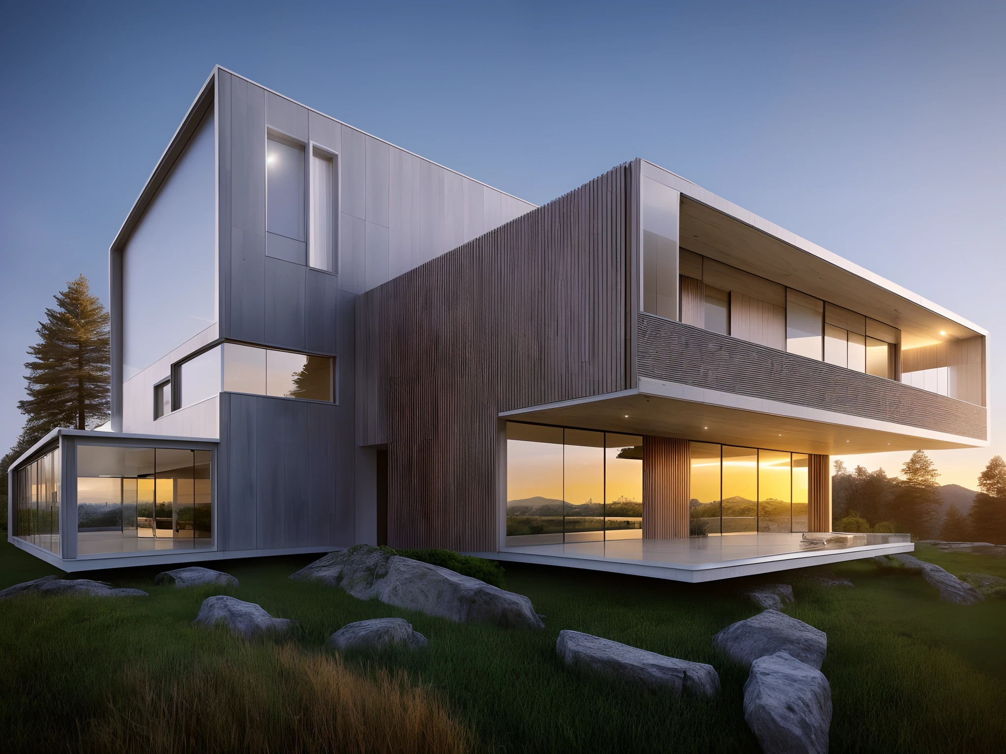 a drawing of a house with a lot of windows and a lot of rocks, architectural sketch, architecture drawing, by Elena Guro, architectural concept, architectural concepts, architectural rendering, architectural illustration, beautiful rendering, realistic architecture, drawing architecture, by Radi Nedelchev, high quality architectural art, concept house, architecture art, architecture design, by Nikola Avramov,beautiful and realistic photos, busy surrounding space, realistic trees, surrounding landscape is the city, soft light, late afternoon