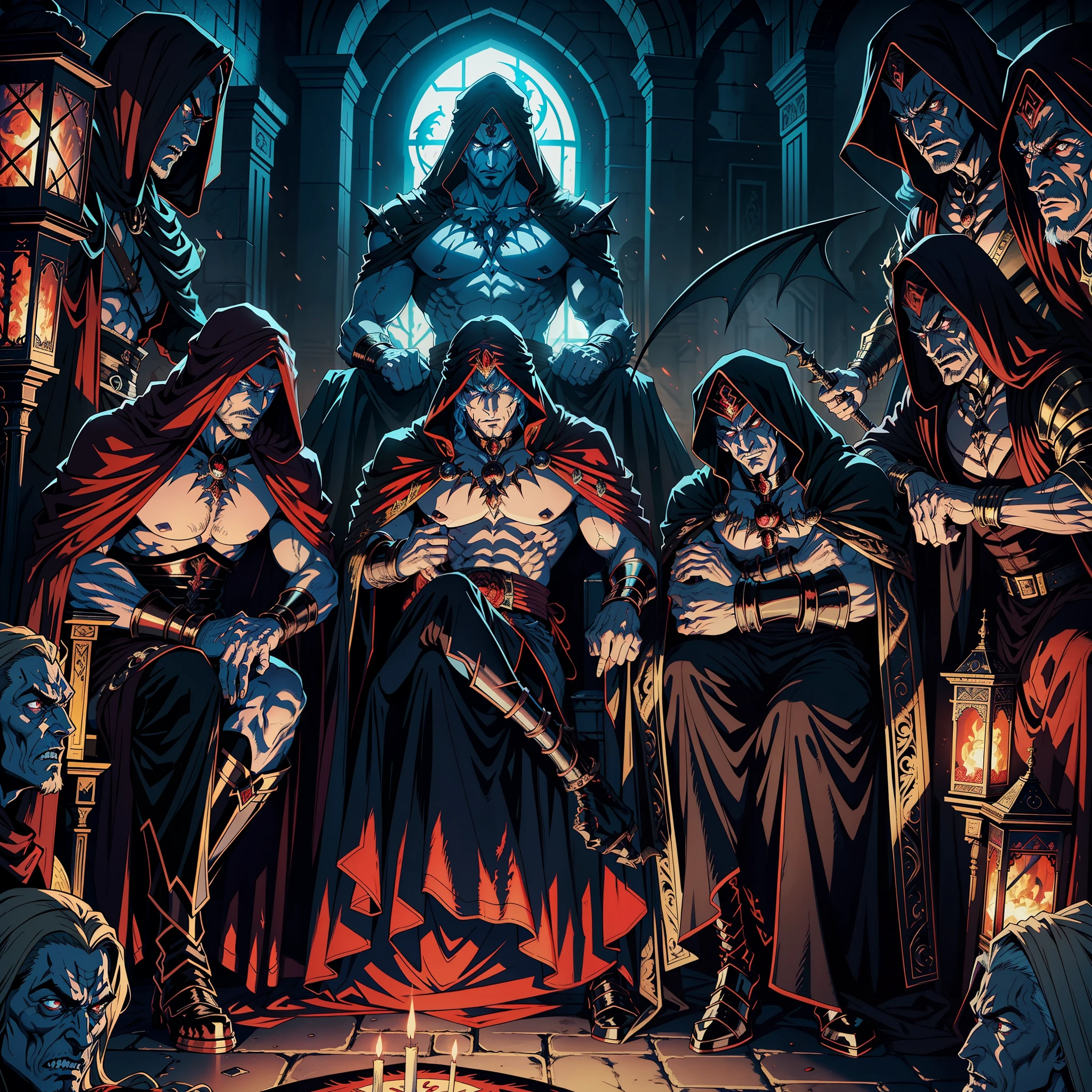 Castlevania Hyper Realistic Shadow Lord Super Detailed Dynamic Shot Master Piece of Lord Dracula Medieval Arab Warrior with Red Turban Scary Face Hokuto No Ken Structure Muscular Face Kenshiro sitting in his legendary Moroccan throne surrounded by demons and 3 scary demons Speaking of old reels Cinematic Scenes Epic Movie Hyper Realistic Movie Legendary Movie Epic Movie Epic Movie Epic Movie Epic Movie Enlarged Movie 3D View Bottom Angle
