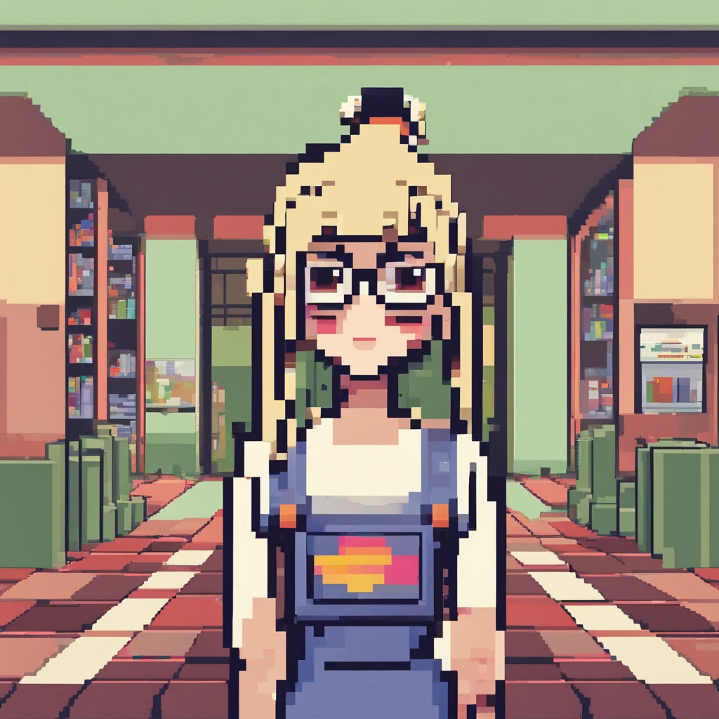 Heutige Zeit jpn point and click adventure Cute little blonde girl with nerdy glasses in pixel style, atari, c??, 8 bit