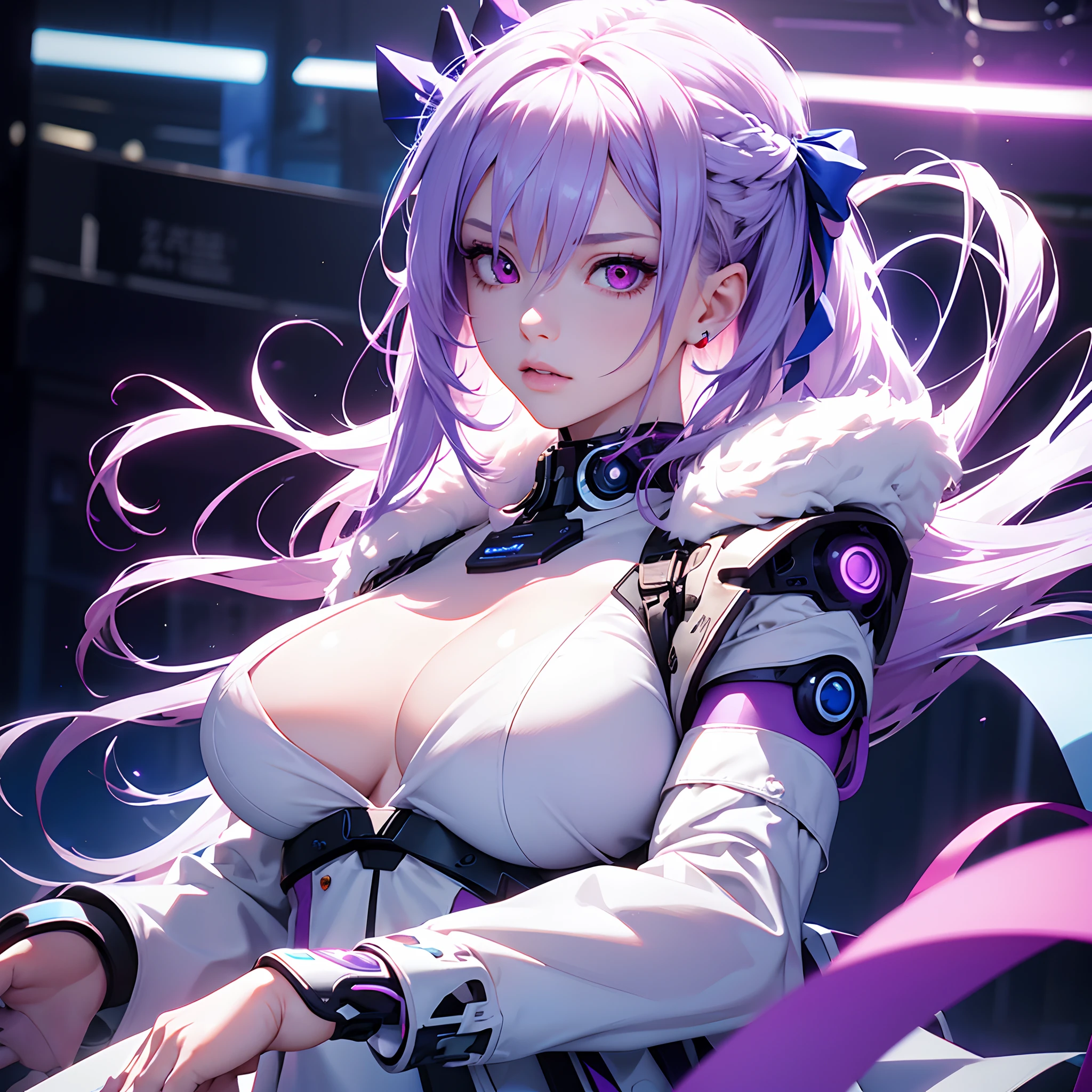 1girl,Albino, cute,big breast, purple hair, beautiful, long hair,red eyes, wearing a white and blue dress, hair with a ribbon, cyberpunk,cyborng((8k, UHD, ultra realistic))