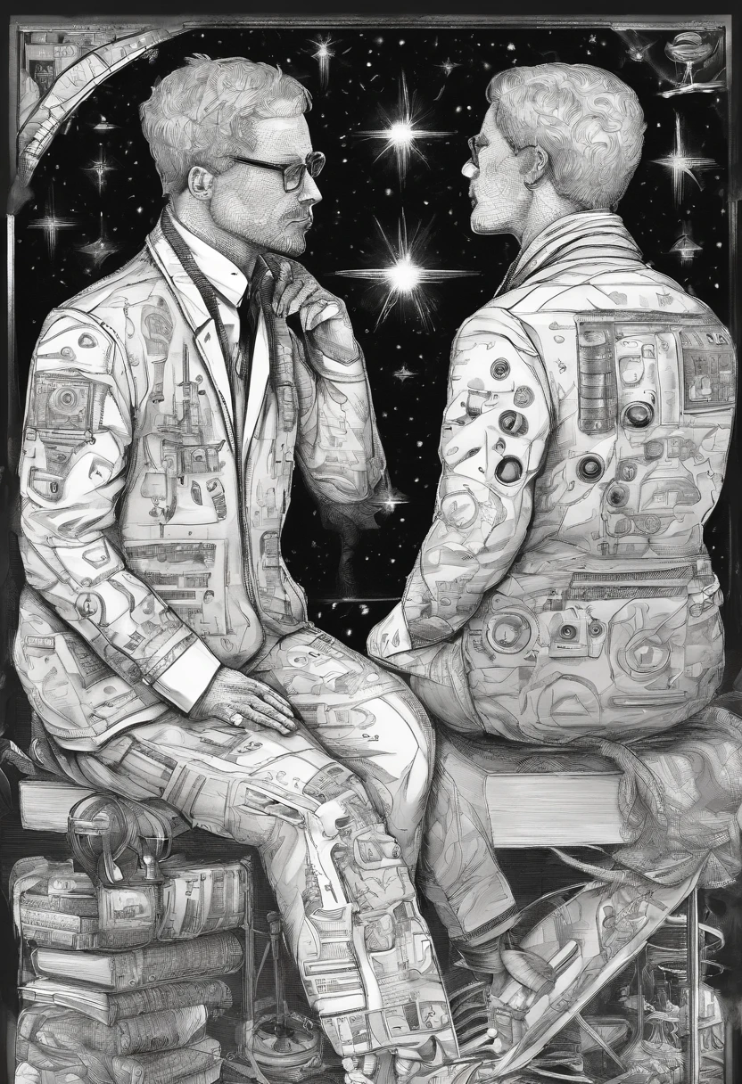 Scientists in science coats turn their backs to us,looking at the stars,hard core,Technologie,Red monochrome,USSR Poster,urss,Communism