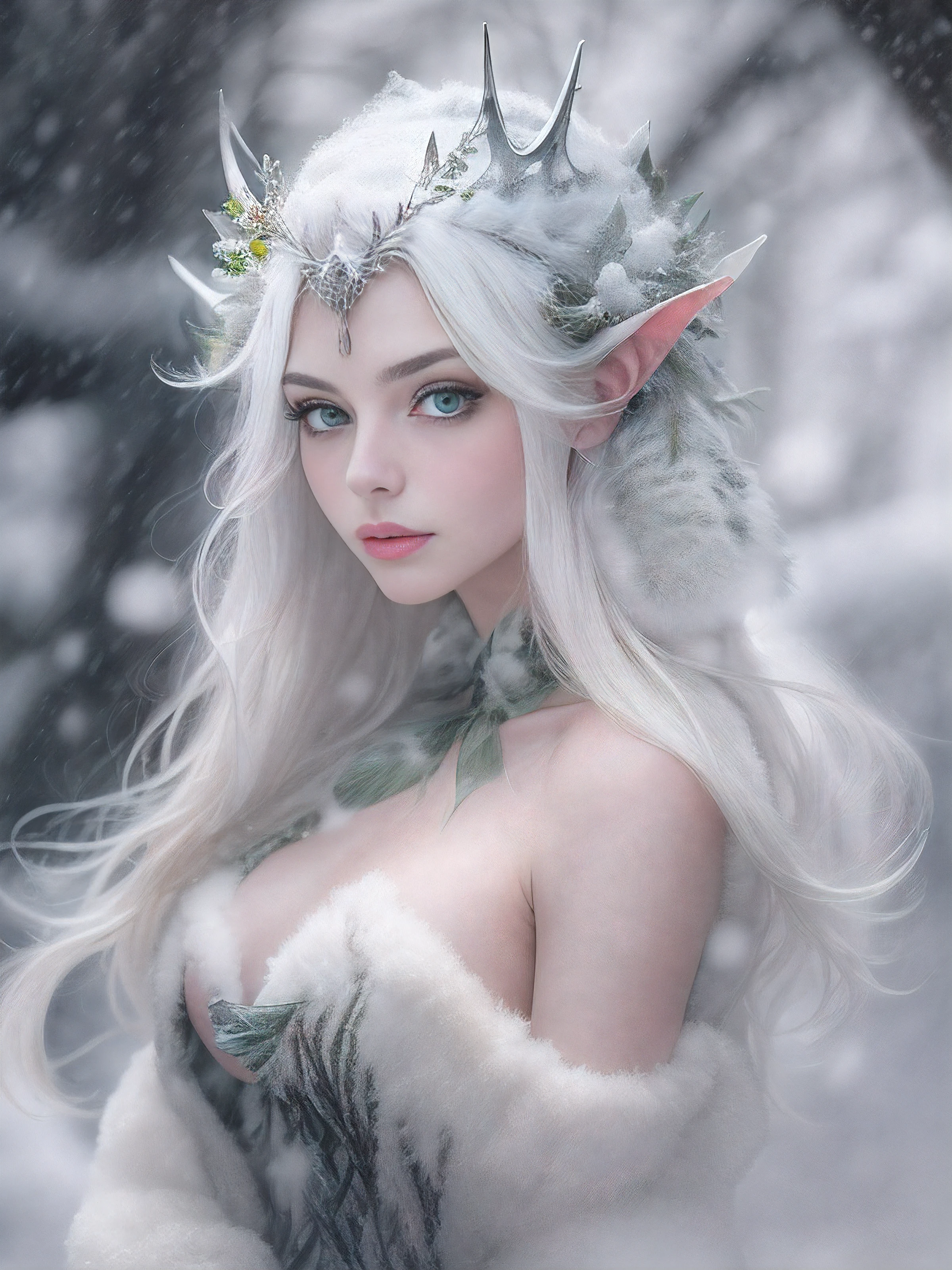 (Naked:1.4), (Masterpiece, Best Quality), Snowy day, half body shot , Side Shot, 25-year-old pointy-eared elf, Long white straight hair to the ground , (big green eyes:1,2), A detailed eye, flower tiara, sultry flirtatious look, little chest, The Goddess of Winter, (White Short Down Jacket), in RAW format, 8K, Top Quality, Masterpiece, (See the camera: 1.3), photo, (Beautiful), Snow-covered forest, nightfall.