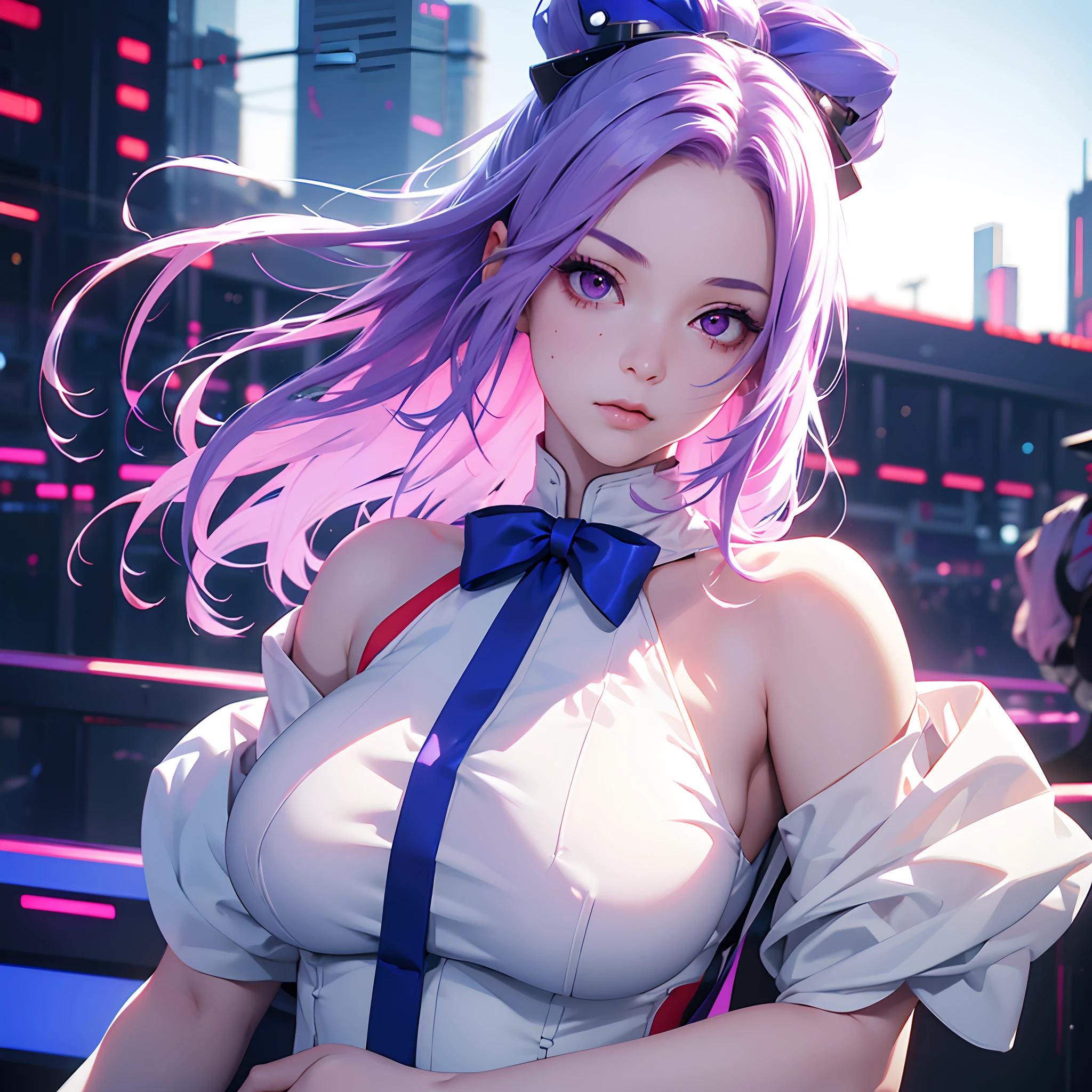 1girl,Albino, cute,big breast, purple hair, beautiful, long hair,red eyes, wearing a white and blue dress, hair with a ribbon, cyberpunk,cyborng((8k, UHD, ultra realistic))