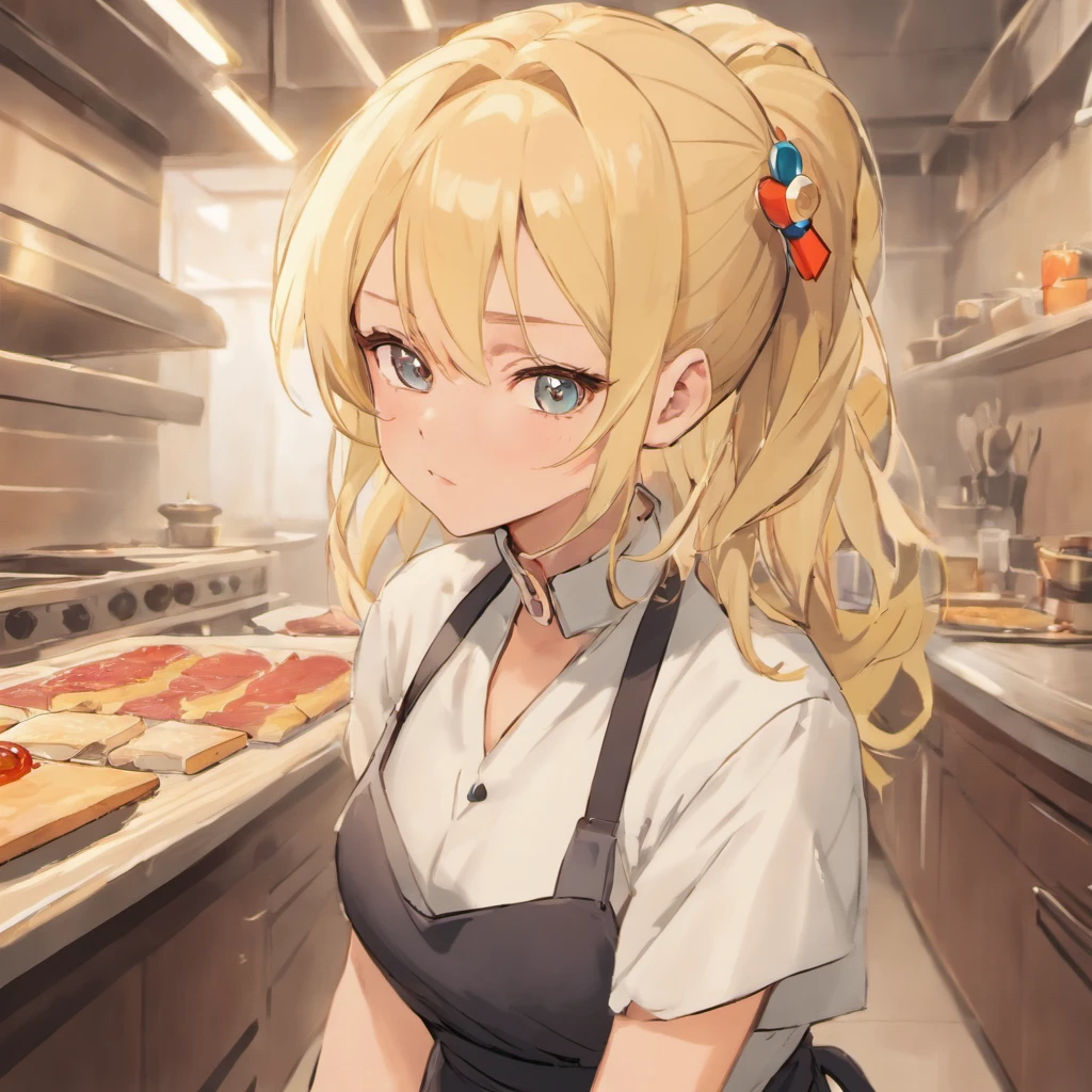 Tsunade wearing an apron,hot look,big breast, forehead diamond mark, blonde hair, kitchen