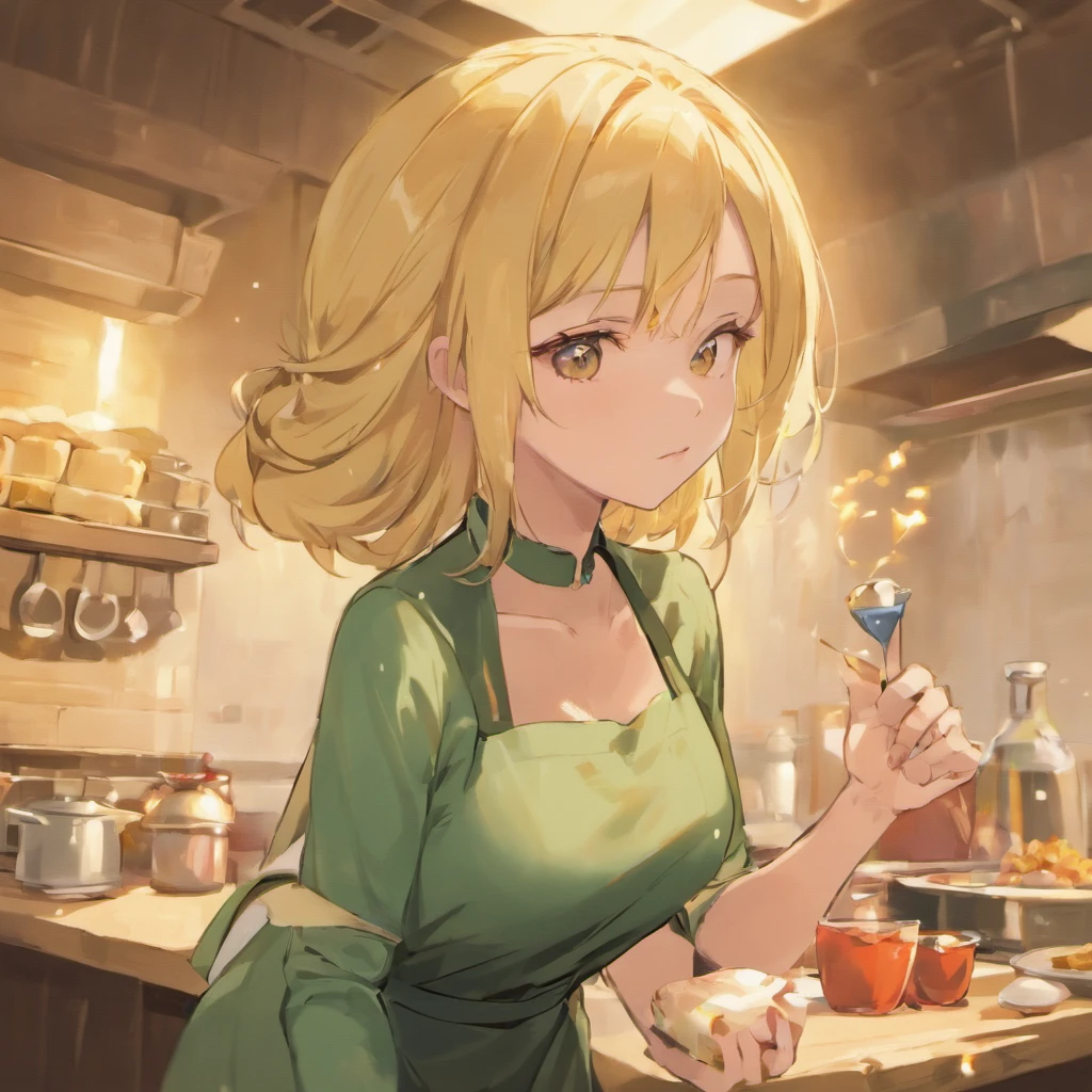 Tsunade wearing an apron,hot look,big breast, forehead diamond mark, blonde hair, kitchen