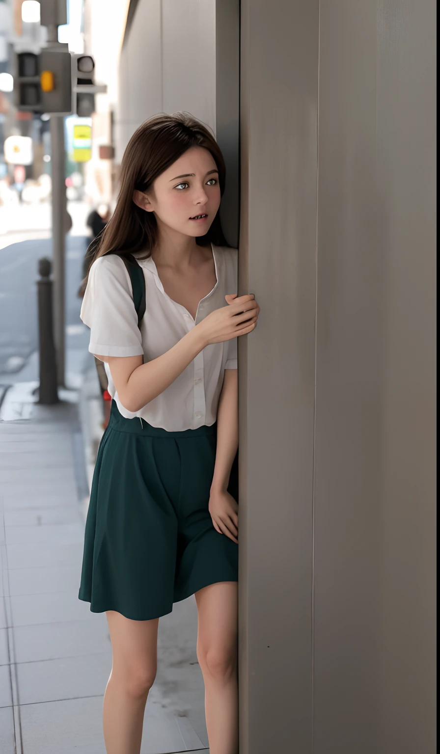 1 girl is taking to lavatory, looking away,  standing, Green eyes, embarrassed, blush, Keep one's mouth shut,  street (girl is peeing self:0.4)