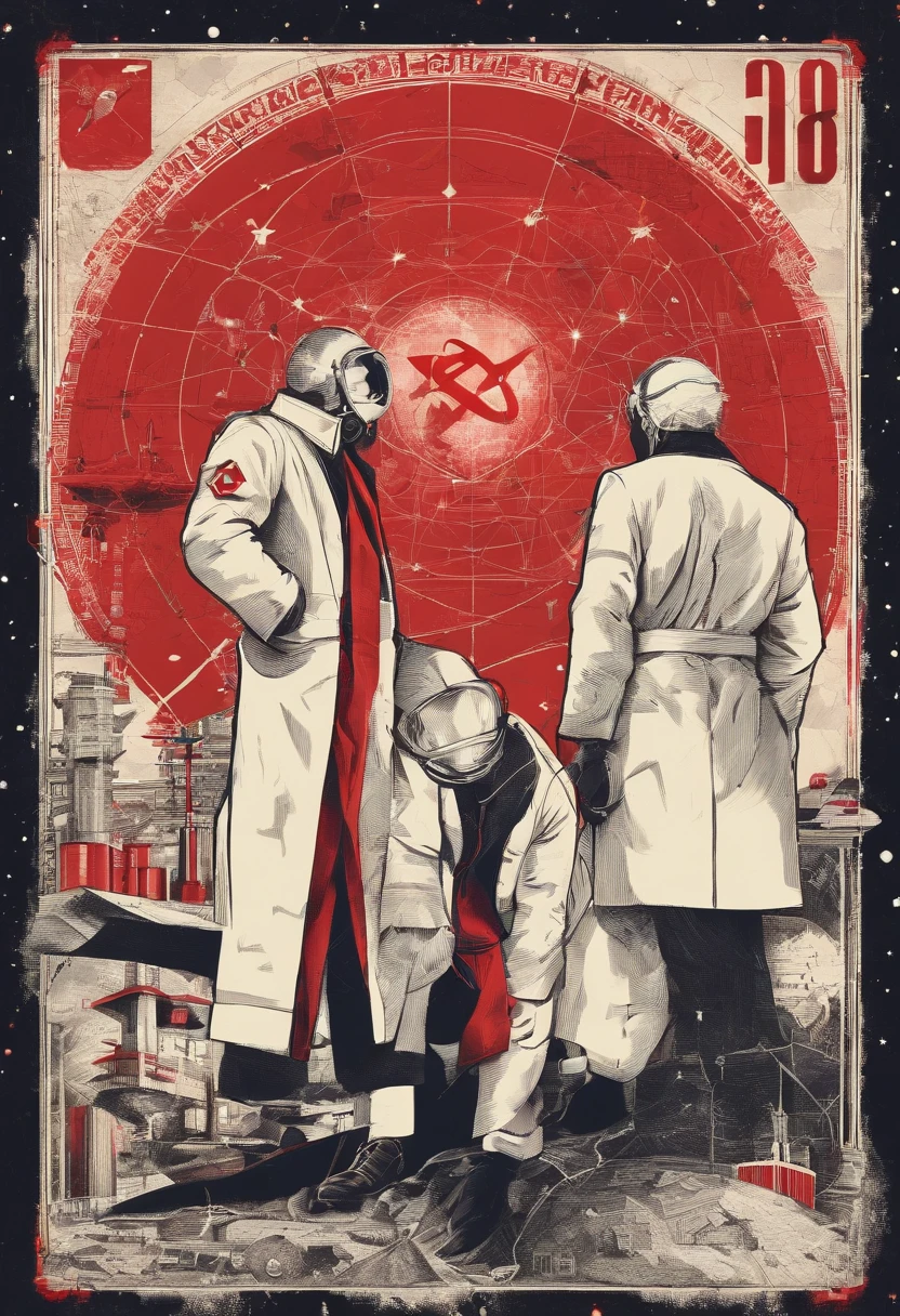 Scientists in science coats turn their backs to us,looking at the stars,hard core,Technologie,Red monochrome,USSR Poster,urss,Communism