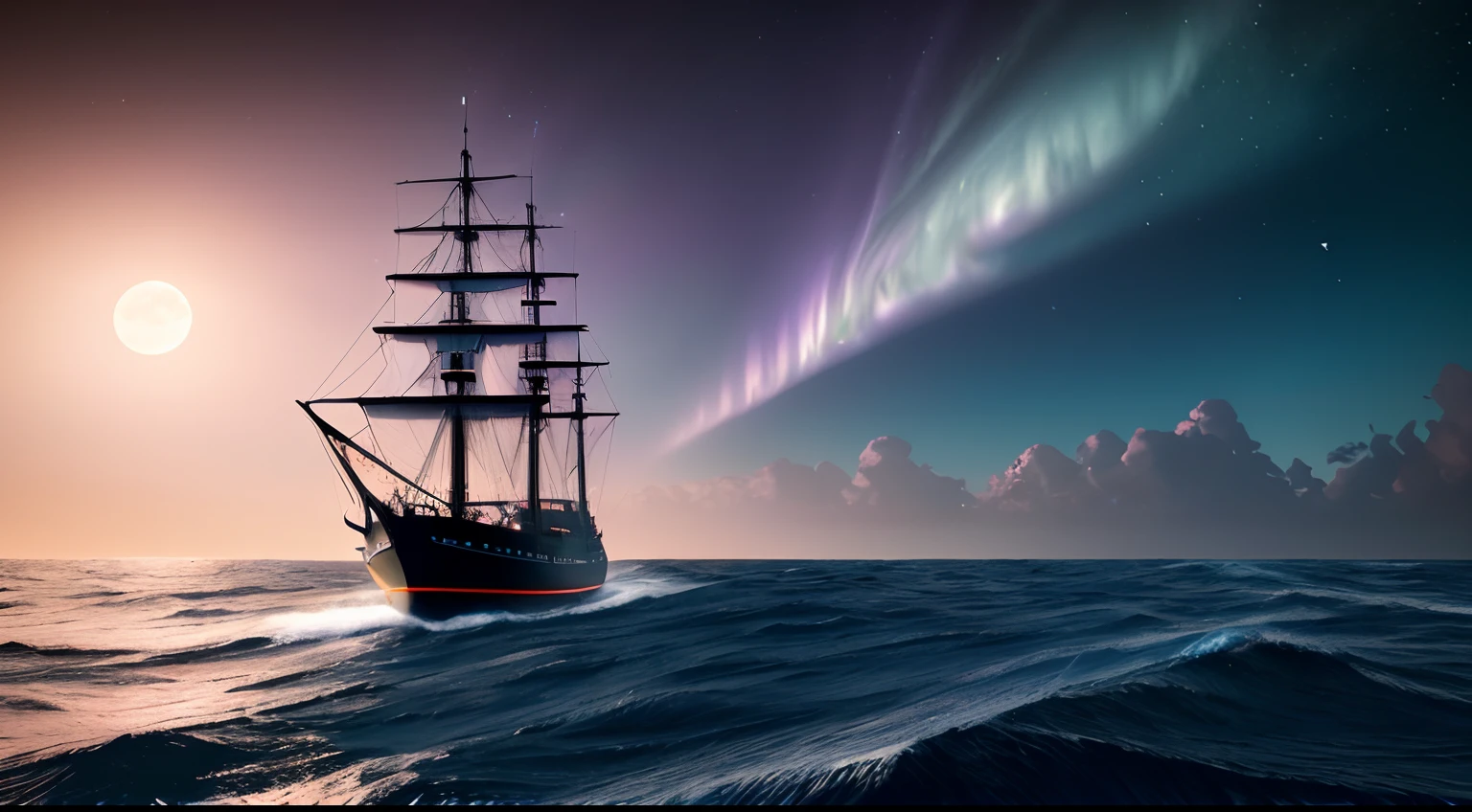 Super Resolution 8K Ghost Ship, Phantom Flight Surround, Scared, Nightmare, Ultra Detailed, Mysterious Atmosphere, Phantom Characters, Armageddon, Digital Painting, Fantasy, Art Station Trends, Cinematic Lighting, Surrealism, Science Fiction, Hyperdetail, Neon Color. As night falls, the sky is twinkled with stars. The moonlight illuminates the sea, and the sea glows with a soft silver glow. The reflection of the ship looms over the sea. The waves lap against the hull of the boat, making regular sounds. The surface of the sea is faintly blue, as if there is a full moon under the sky upside down in the sea. The sound of the wind and the waves intermingle to make it clearer under the gloomy night sky. The whole sea surface shows a quiet and deep atmosphere. --v 6