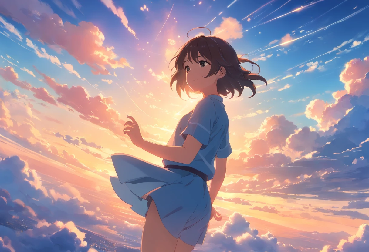 masterpiece, best quality, movie still, 1girl, cloud girl, floating in the sky, close-up, bright, happy, warm soft lighting, sunset, (sparks:0.7)