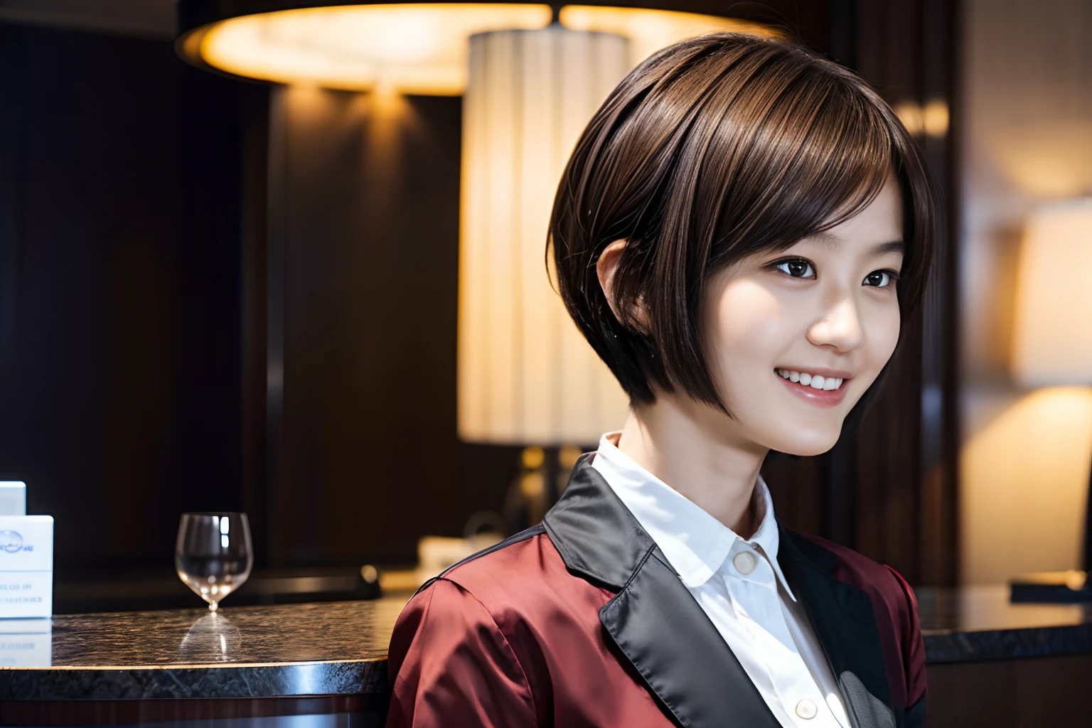 49
(An 18-year-old woman), (A hyper-realistic), (masutepiece), Short bob cut, Concierge at the hotel reception, kindly smile