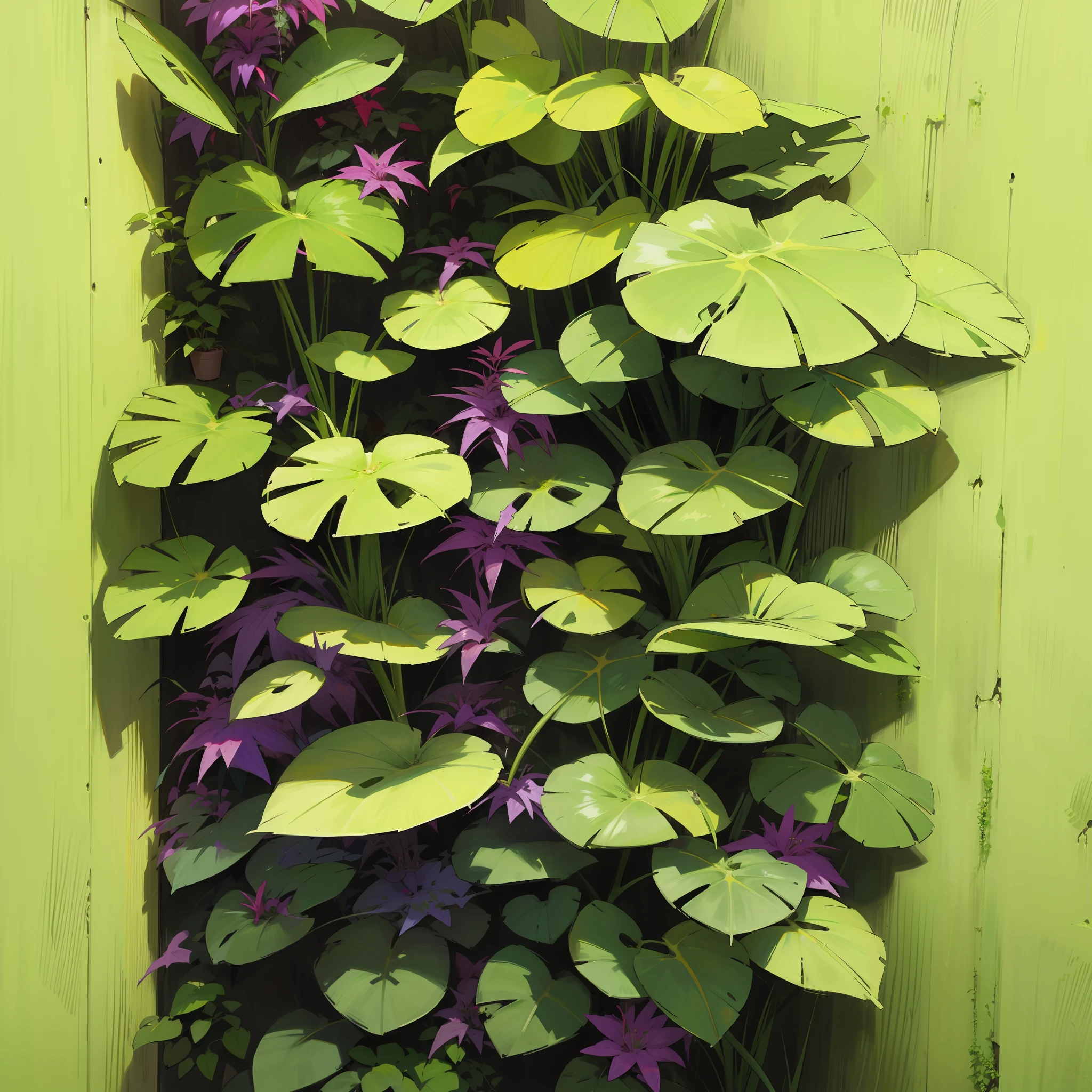 Plant wall,green color,red colour,purpleish color,amarelo