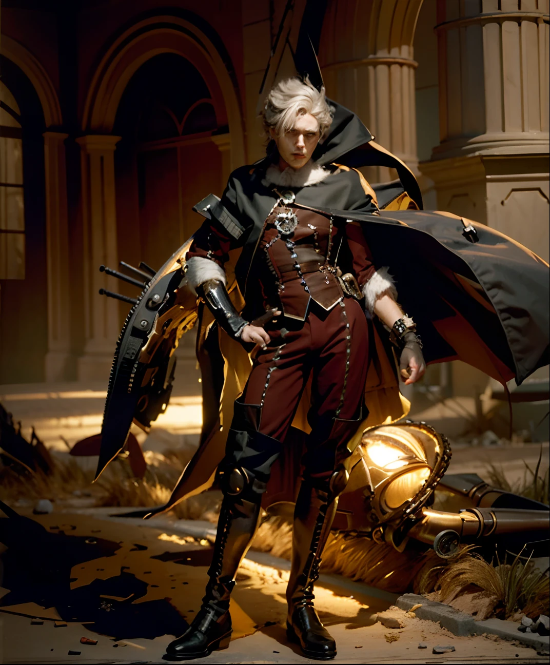 best quality, intricate details, hd, ultra resolution, photo realistic, Clockwork Cyborg Male Vampire French Aristocrat, powdered wig, gears, prosthetics, art by Annita Maslov, Jeremy Enecio,