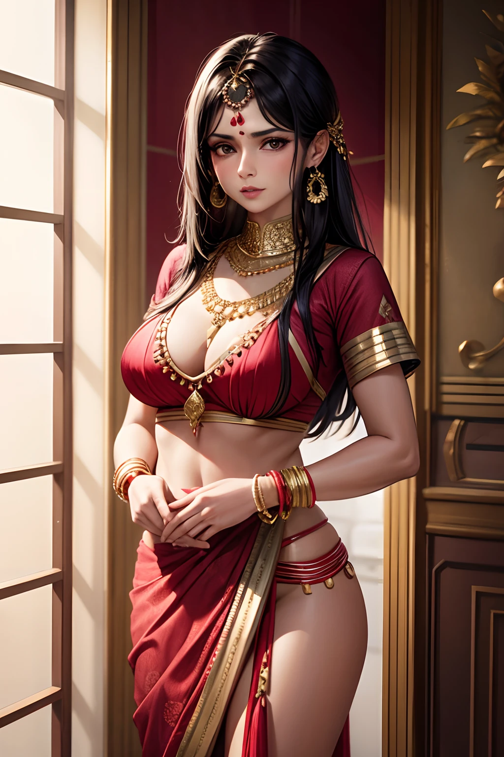 Mature Indian Woman、Female sexy、Saggy、Traditional Indian costume in maroon, gold chains, hip chain, 8k , cinematic, Ultra HD, standing