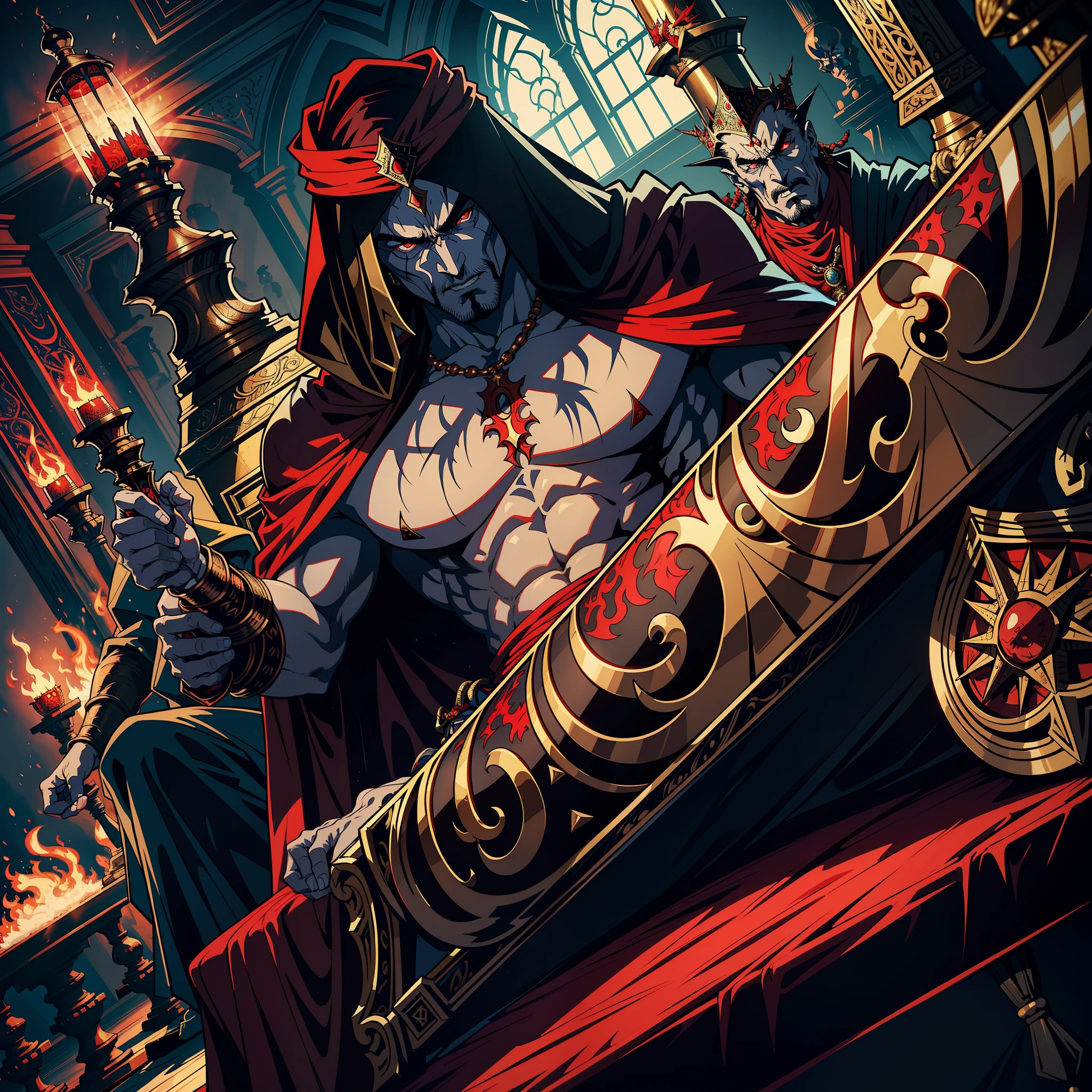 Lord Super Detailed Dynamic Shot Master Piece of Lord Dracula Medieval Arab Warrior with Red Turban Scary Face Hokuto No Ken Structure Muscular Face Kenshiro Sitting in His Legendary Moroccan Throne Surrounded by Demons and 3 Scary Demons Speaking of Old Rolls Cinematic Scenes Epic Movie Hyper Realistic Movie Legendary Movie Epic Movie Epic Movie Epic Movie Epic Movie Enlarged Movie 3D View Lower Angle