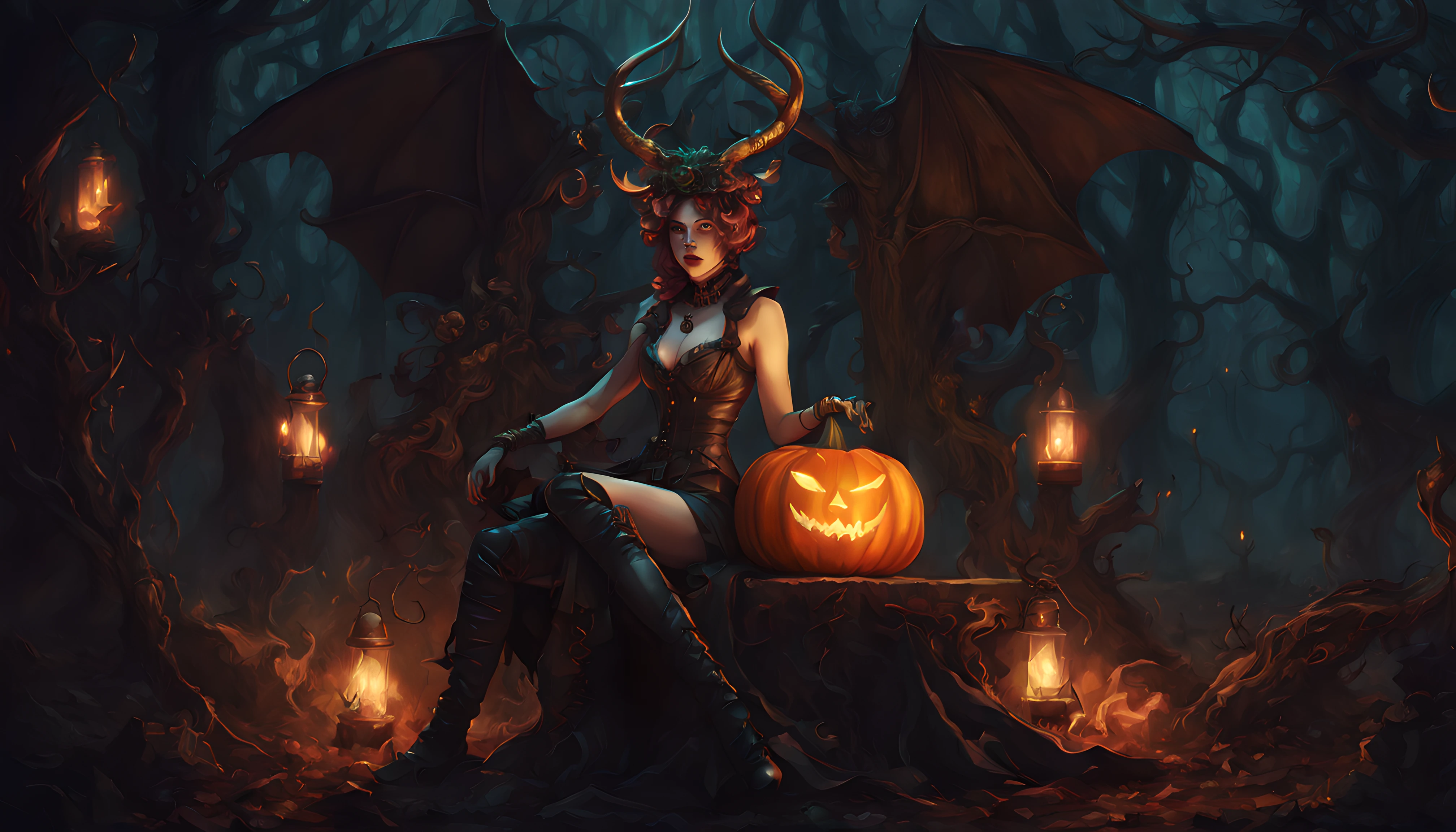 dark fantasy illustration set in a steampunk forest at night, where a woman adorned with horns, a demon-themed headpiece, and long boots sits on a pumpkin. The ambiance is heightened with a bonfire, gothic undertones, steampunk details, and a bronze sculpture-like aesthetic, illuminated by bright ambient light.