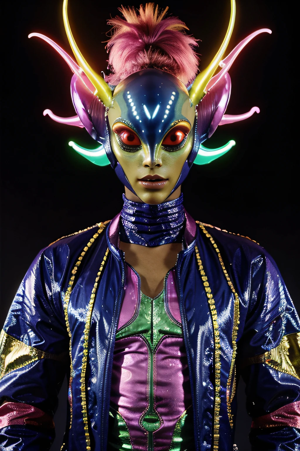 A realistic alien dressed in a very flashy and colorful extravagant way. Other aliens look at him strangely