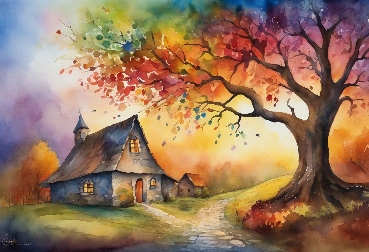 "A towering tree with vibrant rainbow-colored leaves, casting its majestic shadow over an enchanting fantasy village."