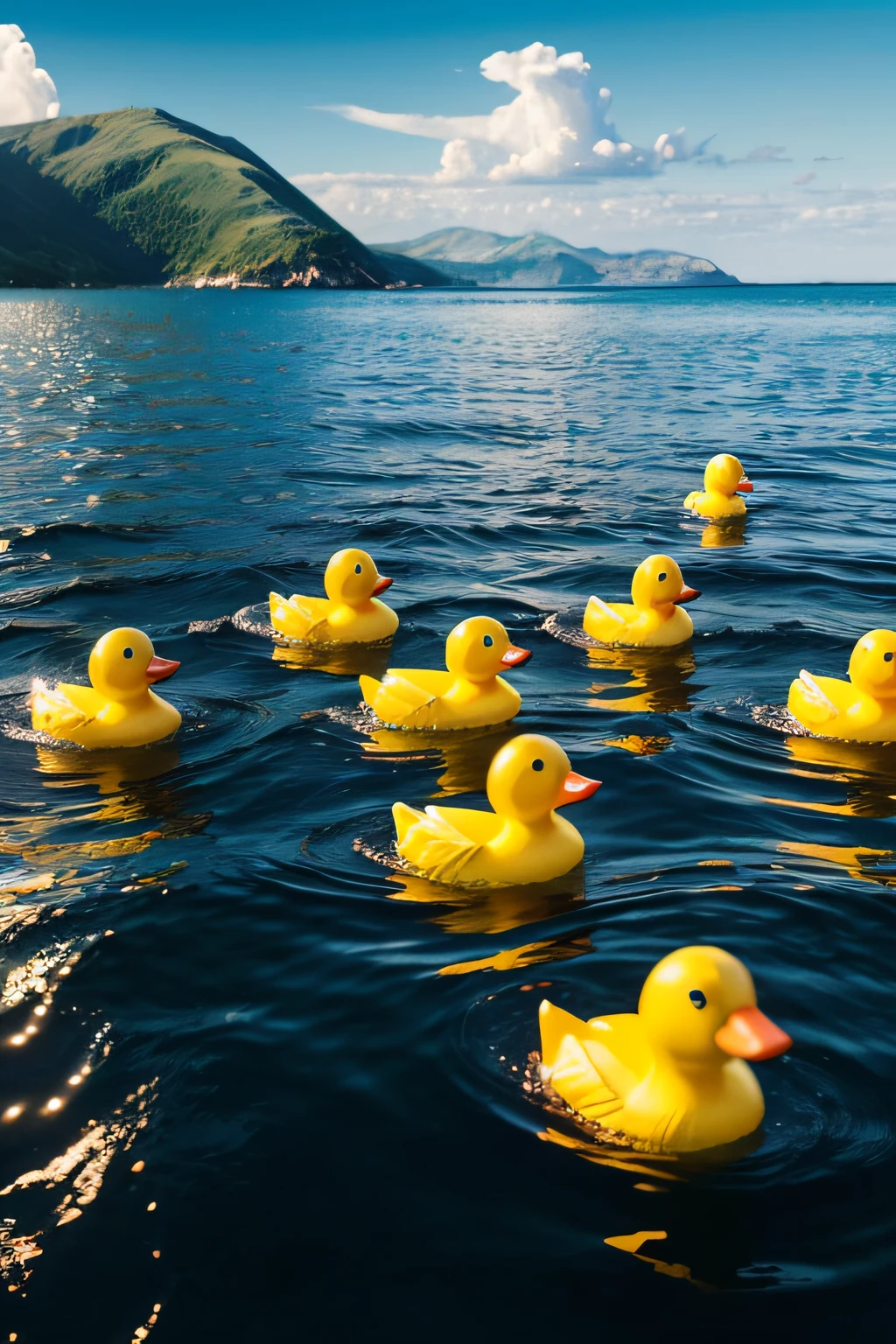 Rubber duckies in the sea, photograph, highly detailed, 8k, ultra sharp, highly realistic