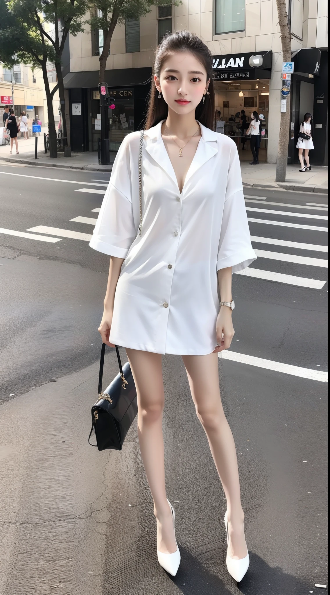 Cowboy Shot、A classy white collared shirt、Elegant attire、A luxurious bag、In front of a stylish cafe、A lovely smile、（（Nagoya street corner））、Full body photo、ring、Luxurious clothing、Short skirt、Tuck your hair behind one ear、Silver Necklace、smile、 elegant ponytail、Caustics、Highly detailed photos、Very beautiful eyeedium Short Hair、Large Breasts、Super no makeup、(8k、RAW Photos、highest quality、masterpiece:1.2)、(Realistic、Realistic)、1 girl、((Medium Short Hair、Looking into the camera:1.4))、Hair blowing in the wind
