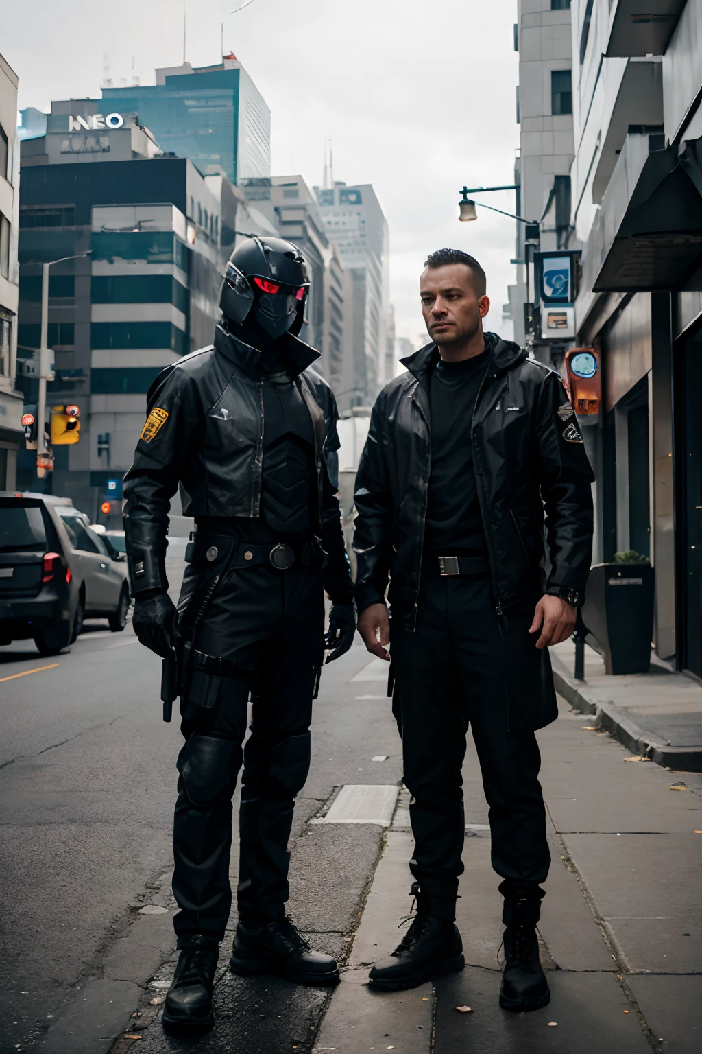 A man in an armored suit stands on the street of a city in cyberpunk style. Next to a person people from a corporation, Neo-militaristic clothing of corporate employees