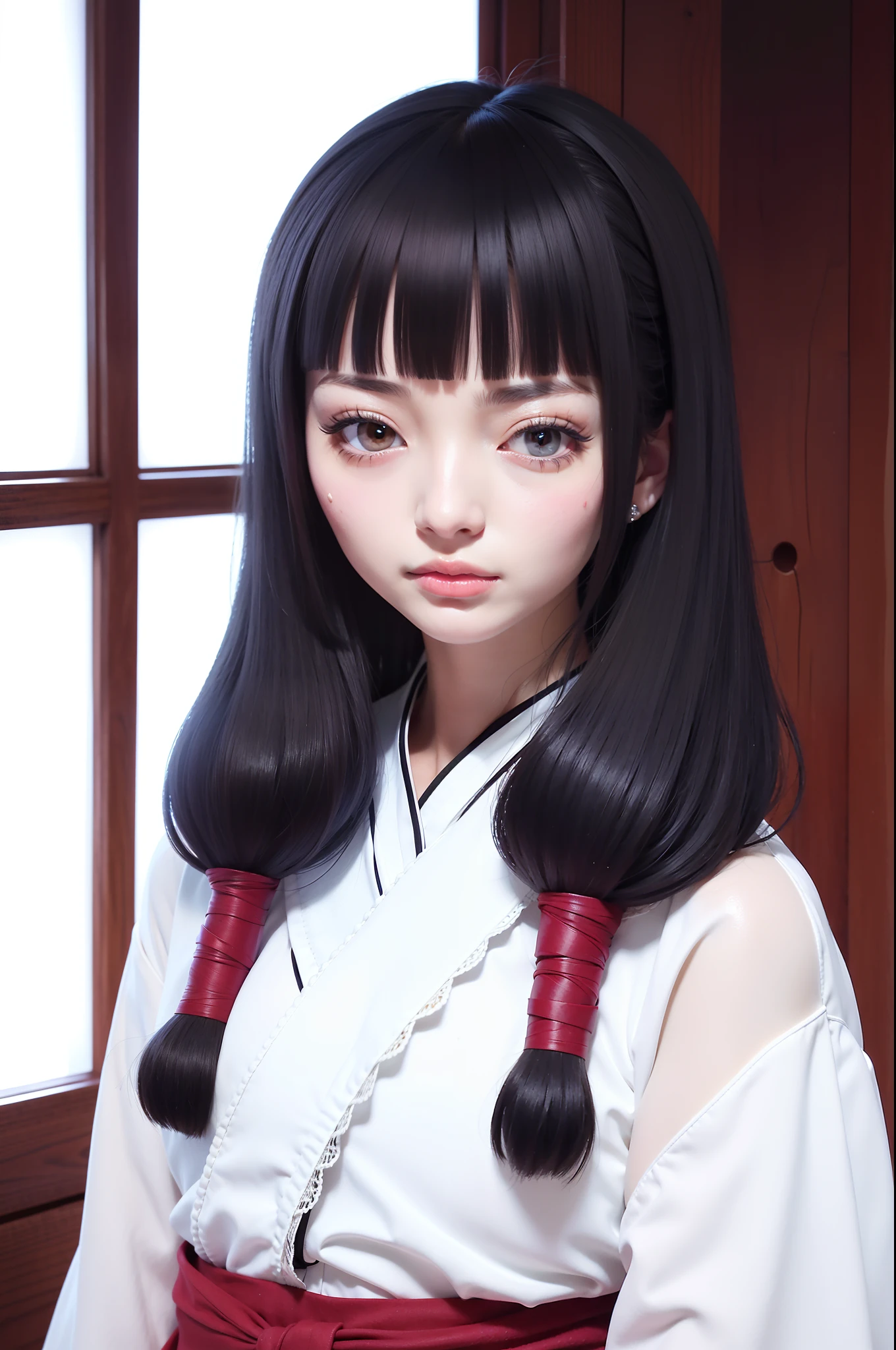 a close up of a woman with long black hair wearing a white shirt, black hime cut hair, hana yata, mitsumayo, High quality image, masterpiece, detailed hair texture, detailed skin texture, detailed cloth texture, 8k, add fabric details, ultra detailed skin texture, ultra detailed photo, skin pores, cloth details, high skin details, realistic hair details, detailed skin acnes, pimples, detailed skin wrinkles
