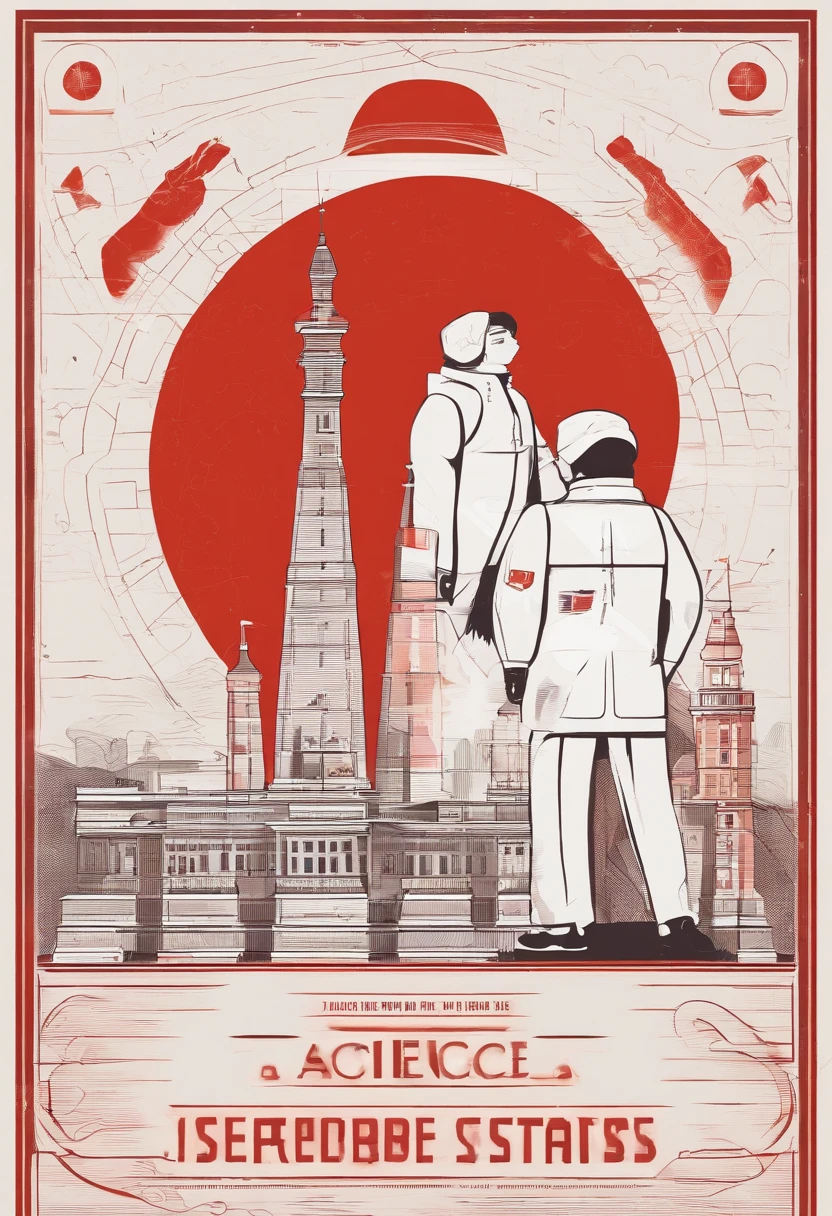 Scientists in science coats turn their backs to us,looking at the stars,hard core,Technologie,Red monochrome,USSR Poster,urss,Communism
