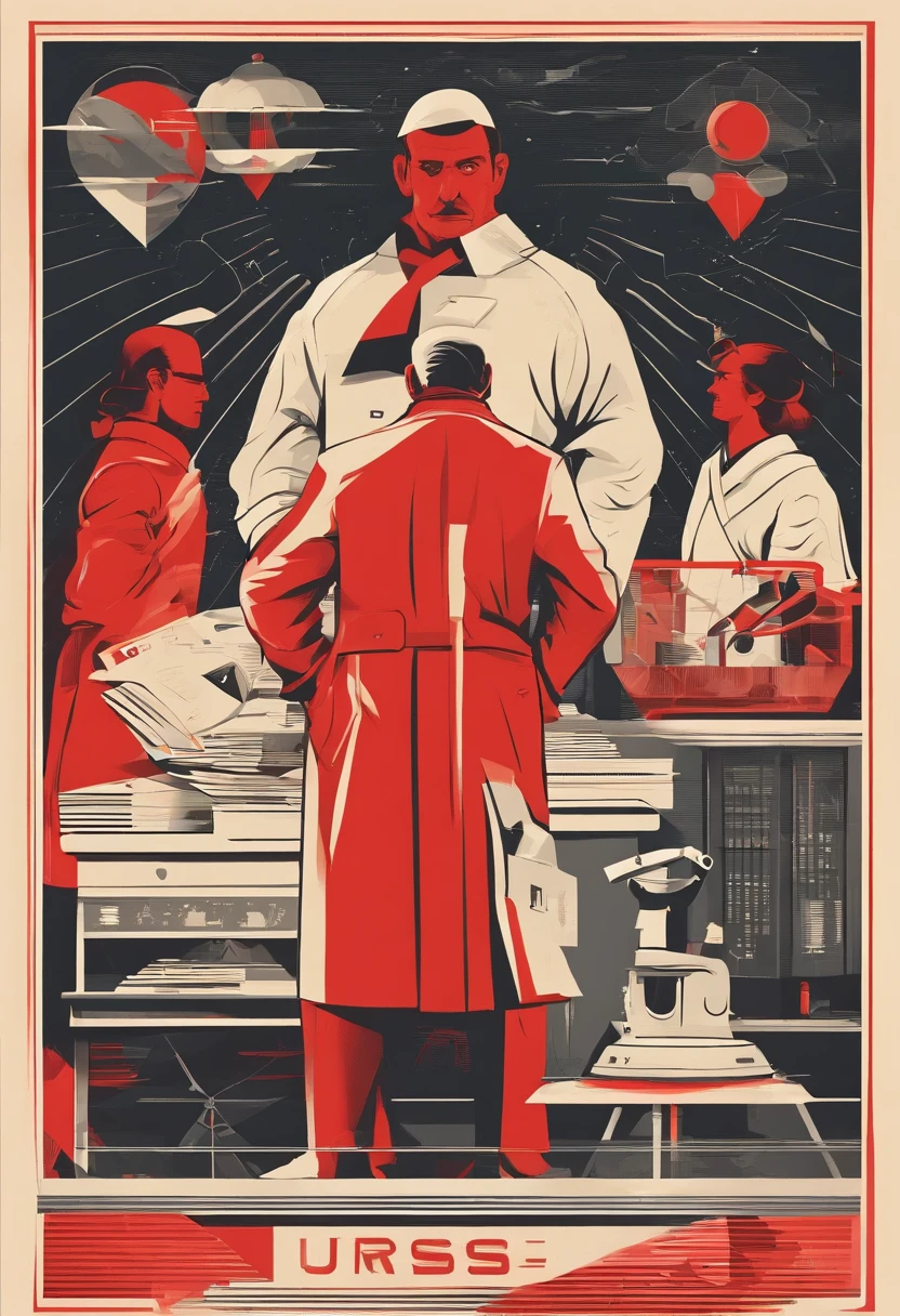 Scientists in science coats turn their backs to us，looking at the stars，hard core，Technologie，Red monochrome,USSR Poster,urss,Communism