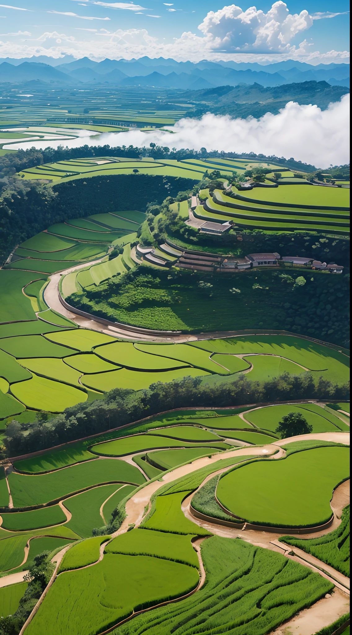 Terraced heart-shaped,ricefield, terraced, , aerial view of an ancient land,Large clouds fell on the terraces,The shape of the cloud, the heart