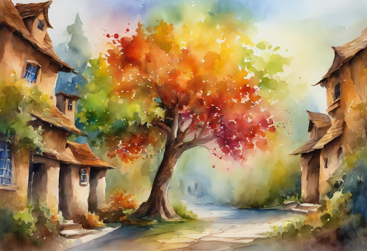 "A towering tree with vibrant rainbow-colored leaves, casting its majestic shadow over an enchanting fantasy village."