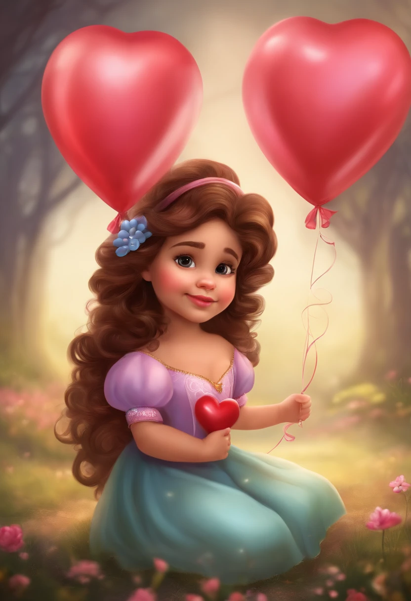 Uma garotinha (02 anos), linda de cabelo cacheado escuro e curto, Dressed as a Disney princess holding a heart-shaped balloon