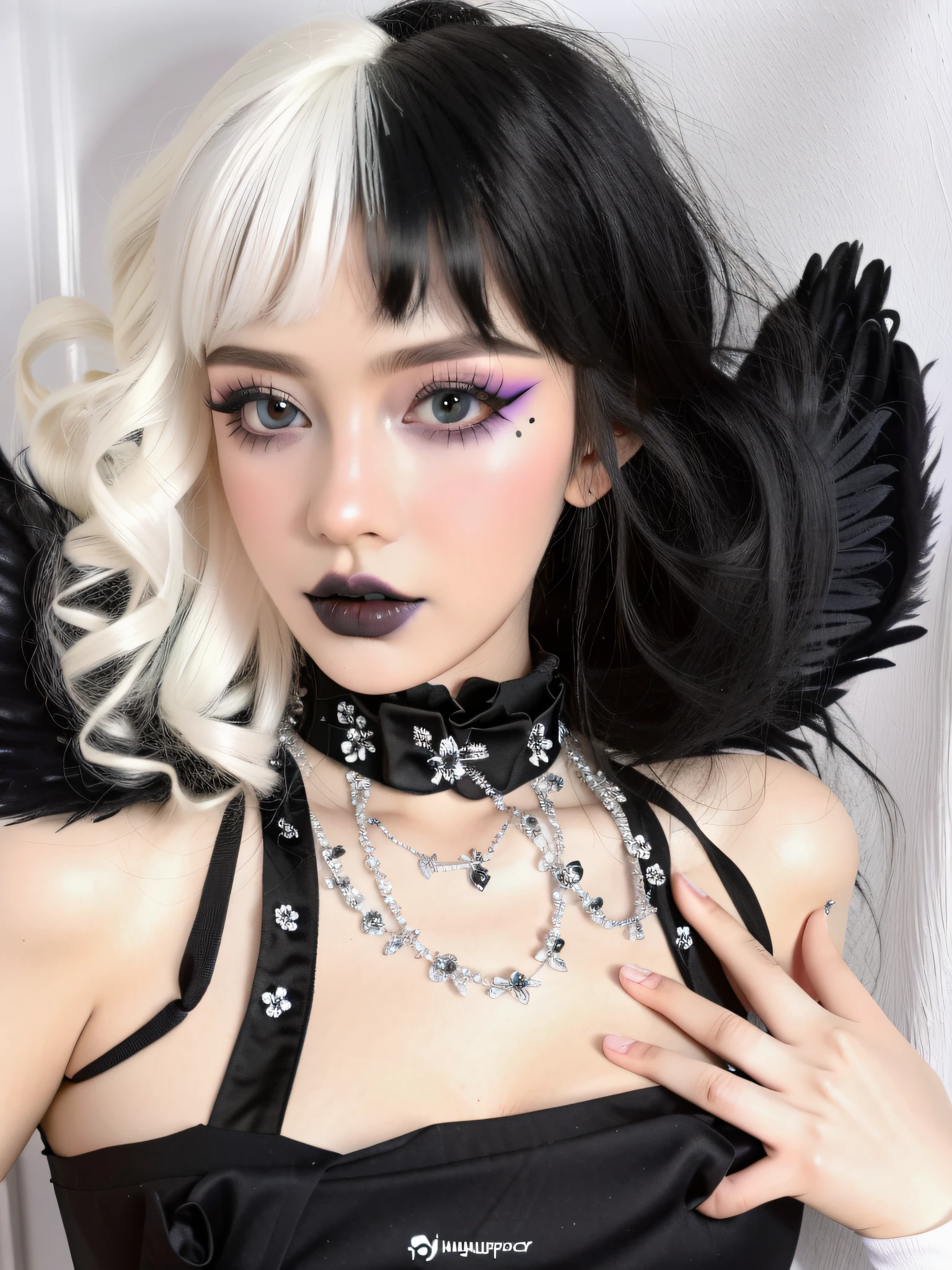 HighestQuali，tmasterpiece：1.2，Detailed details，1 Gothic girl，black lips，an angel dressed in black on a white background, in the style of cluj school, flowerpunk, halloween, social media portraiture, high quality photo, quito school, honeycor，