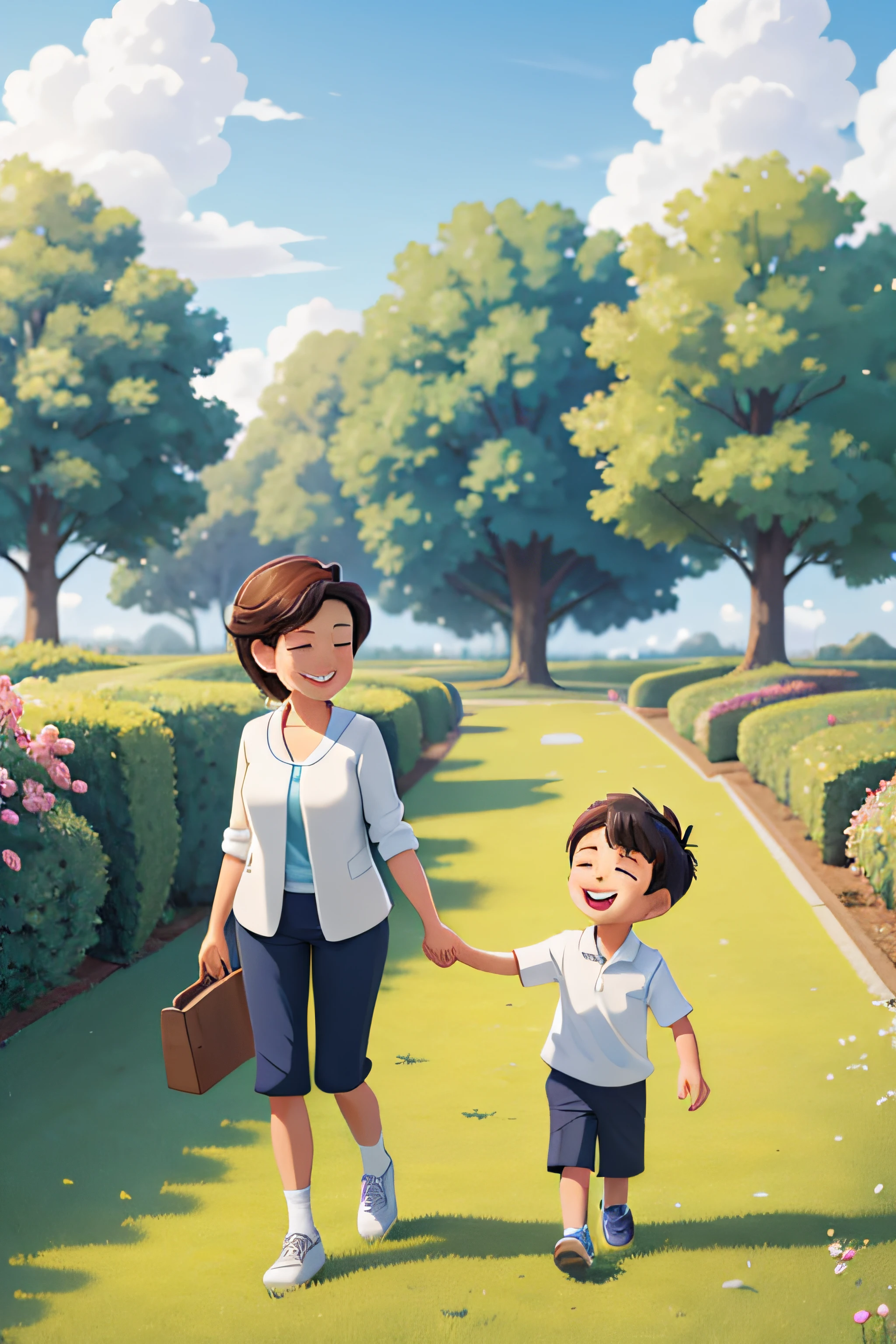 Overcome with love: In Park,with blue sky and white clouds,On the grass,2 people,A 6-year-old boy takes his grandmother's hand and walks together,Happiness knows no bounds,Happy expression