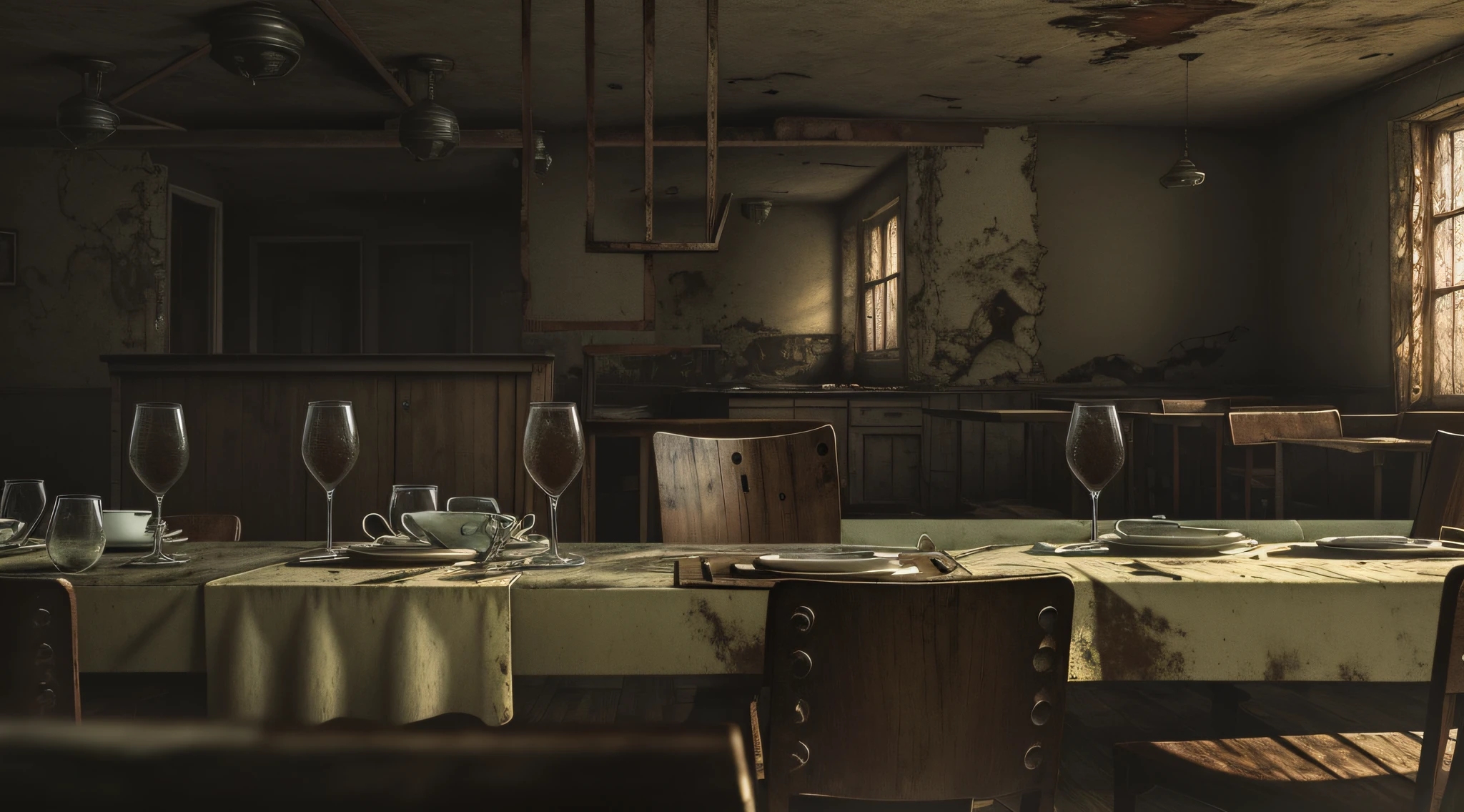 (best quality,4K,8K,highres,masterpiece:1.2),ultra-detailed,(realistic,photorealistic,photo-realistic:1.37),abandoned restaurant,dusty atmosphere,cracked walls,broken windows,desolate,lonely figure,empty table,empty chairs,forgotten,haunting spiderwebs,dilapidated ceiling,vintage curtains,dark corners,decayed furniture,mysterious,unpredictable lighting,sinister,weathered floors,mismatched tableware,evidence of decay and neglect,stained tablecloth,vintage decor,peeling wallpaper,dirty dishes,peeling paint from the walls